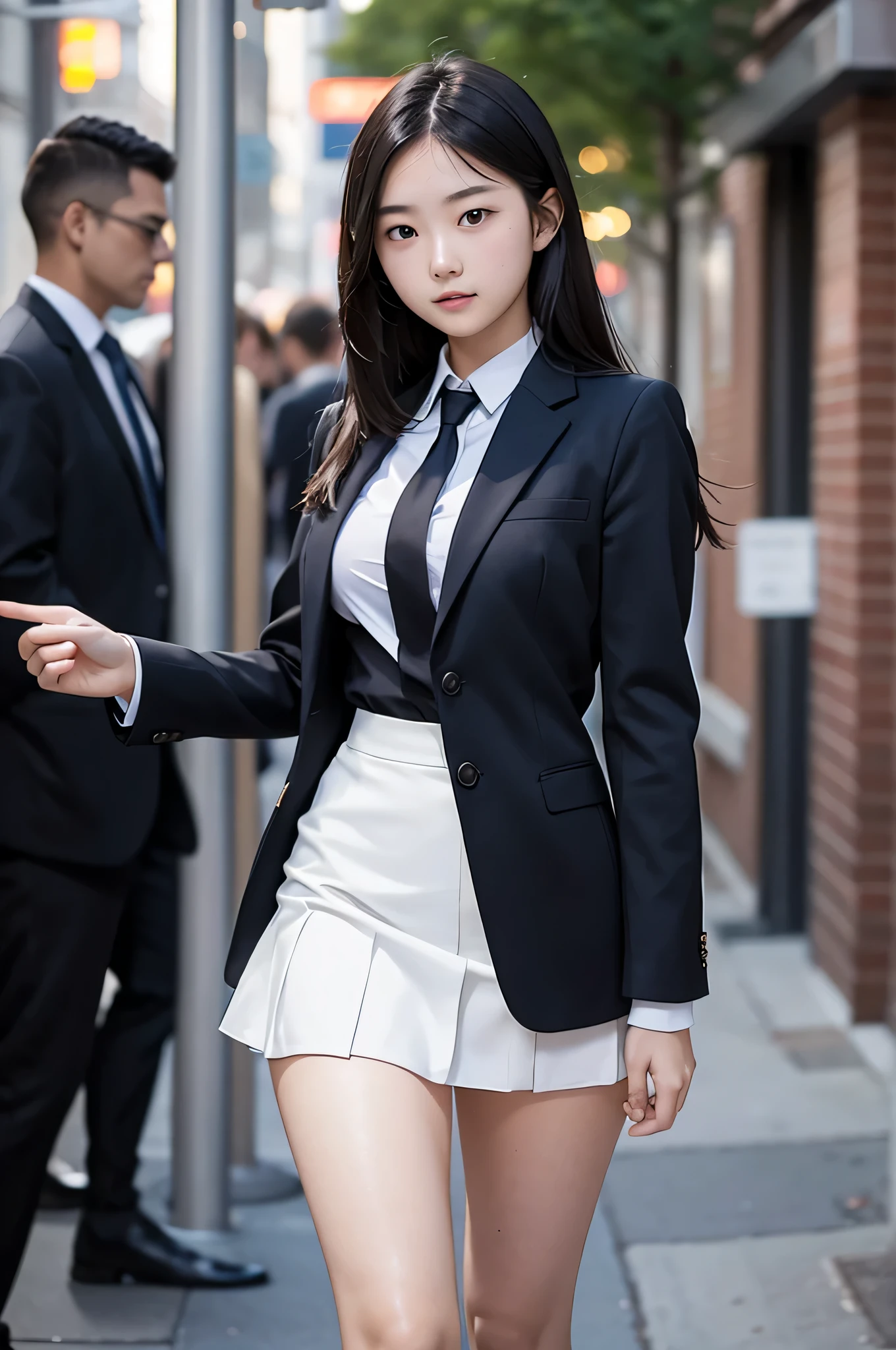 28-year-old woman wearing a white silk shirt of extremely thin fabric, miniskirt stuck to the body, whole body wet in the city in heavy rain, (layer cut: 1.3), (16K), (highest quality: 1.2), (realistic), (photorealistic: 1.37), ultra-detailed, professional lighting, (no bra), (no panty), (black color knee-high stockings),