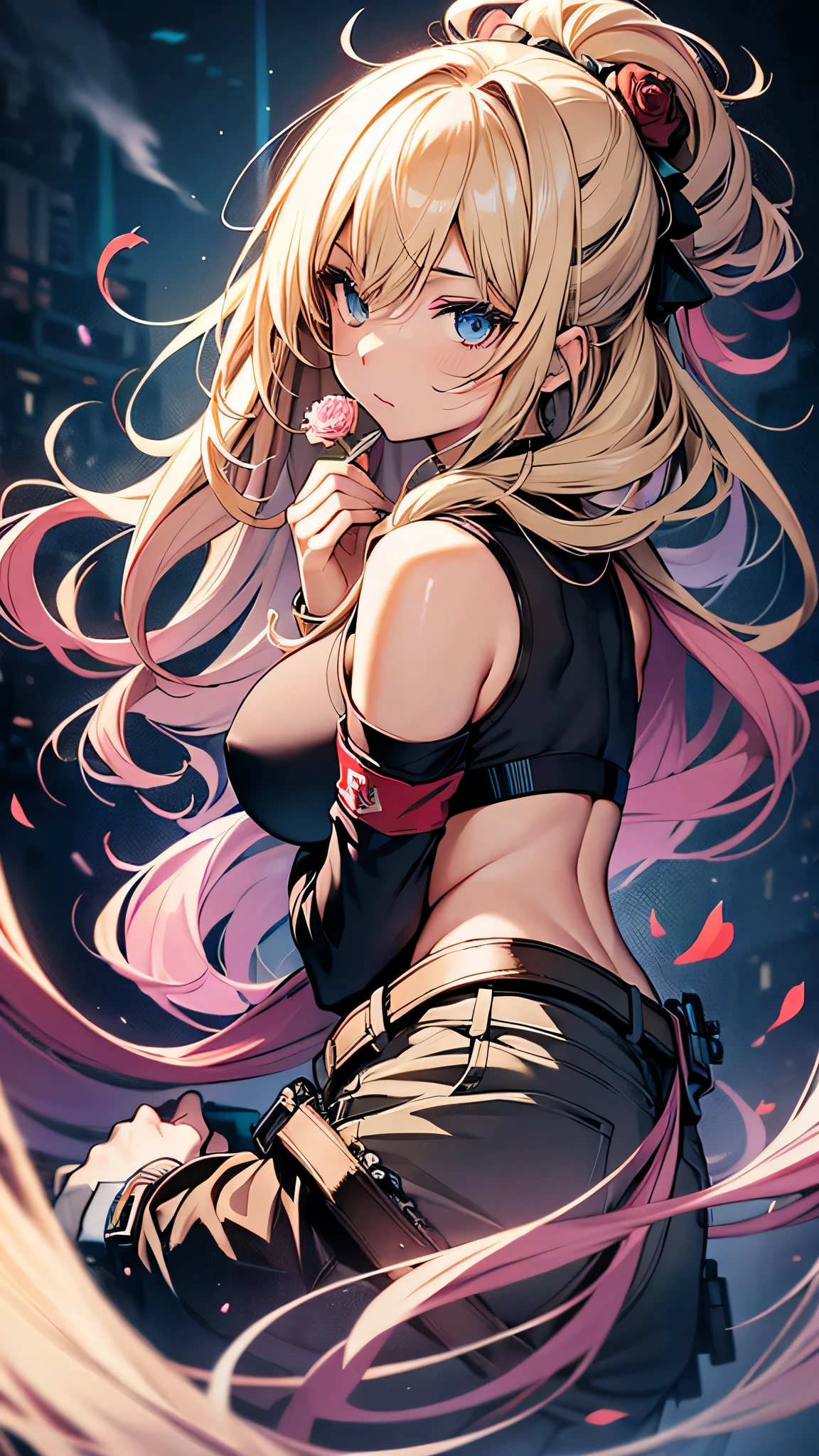 最high quality、best image quality、masterpiece、age girl((20-year-old、 By becoming、vest bust、medium bust,wide open breast tea、black eye, blonde hair、long hair、thin,highest valley、Rear view、blue sports bra、big rose tattoo on back、green long pants)),high quality、beautiful art、background((Red smoke))debris flies、Depth of written boundary、movie、visual art、perfect art、8K,genuine