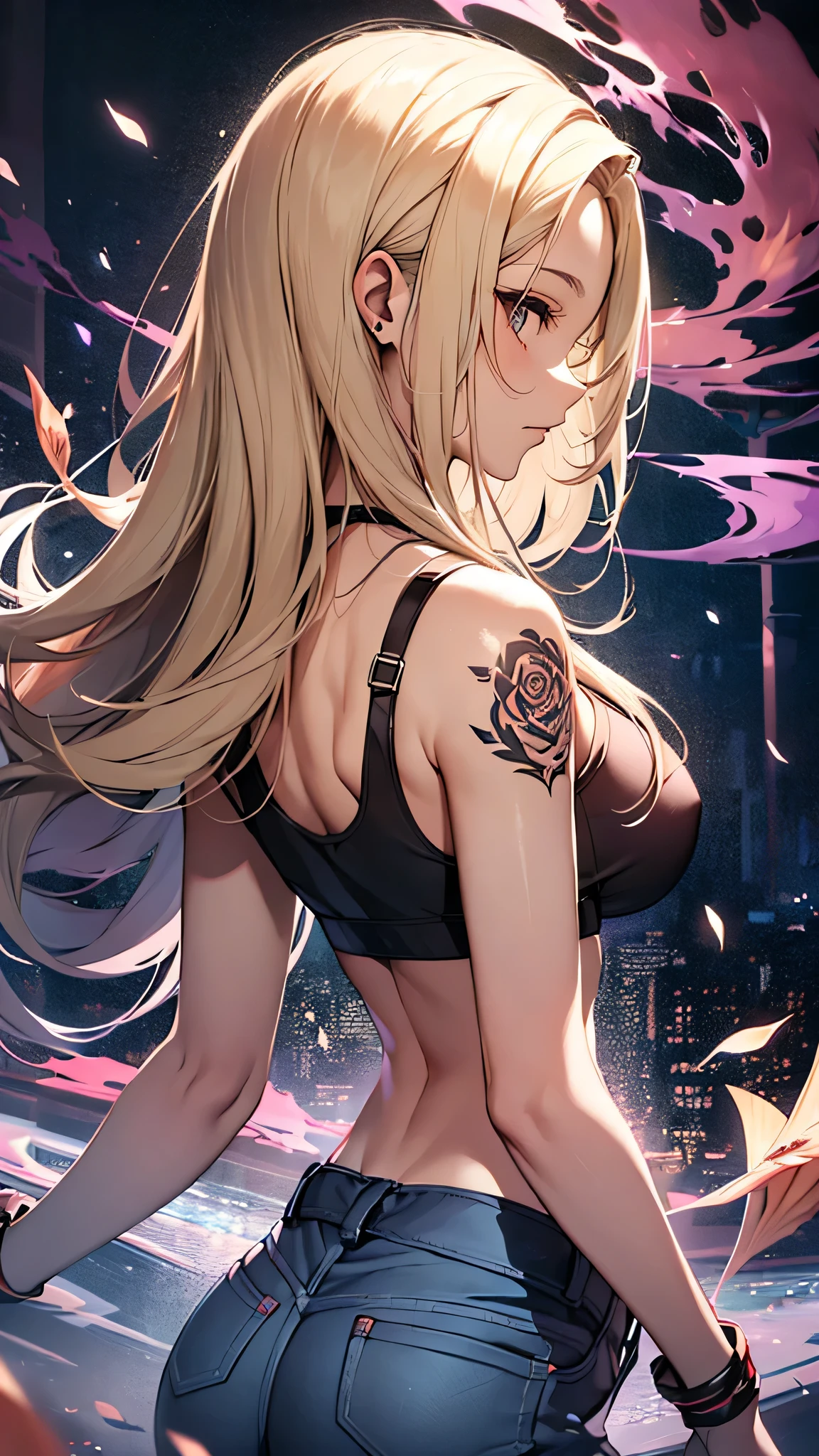 最high quality、best image quality、masterpiece、age girl((20-year-old、 By becoming、vest bust、medium bust,wide open breast tea、black eye, blonde hair、long hair、thin,highest valley、Rear view、blue sports bra、big rose tattoo on back、green long pants)),high quality、beautiful art、background((Red smoke))debris flies、Depth of written boundary、movie、visual art、perfect art、8K,genuine