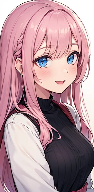 Realistic、1girl、pink hair、blue eyes、(eye focus:1.3,face focus:1.3,upper body:1.5),(gradient eyes:1.3),(blouse)、open mouth,(shy smile:1.3),forehead,braided bangs、cute face,portrait,beach、