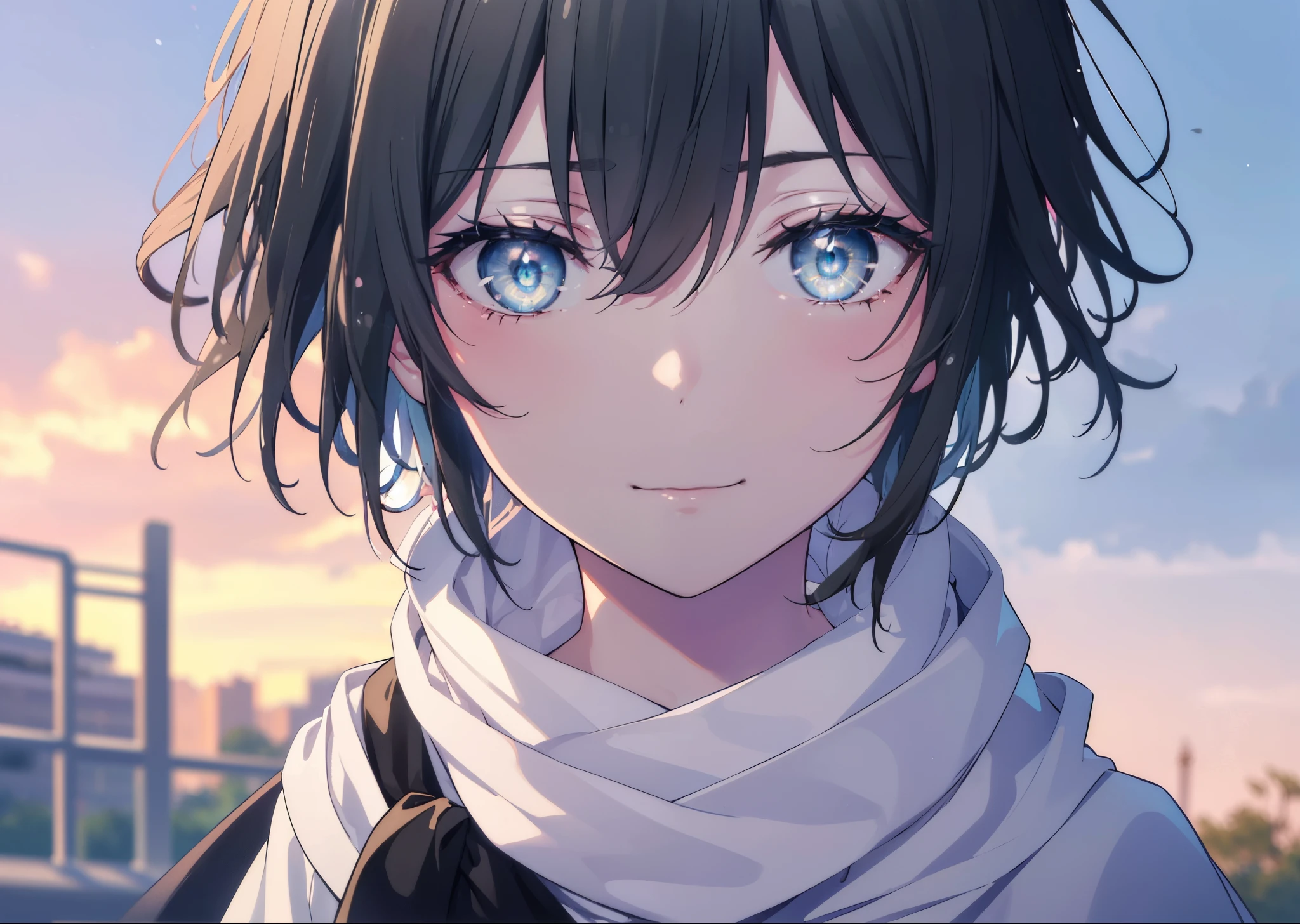 Yukiyuki Yukinoshita, Yukinoshita yukino, black hair, blue eyes, short hair, Ahoge,smile,white long coat,black sweater,scarf,skinny pants,stiletto heels,daytime,winter,benchに座ってる
break outdoors, garden　bench,
break looking at viewer, whole body,peek from below,(cowboy shot:1.5),
break (masterpiece:1.2), highest quality, High resolution, unity 8k wallpaper, (shape:0.8), (beautiful and detailed eyes:1.6), highly detailed face, perfect lighting, Very detailed CG, (perfect hands, perfect anatomy),