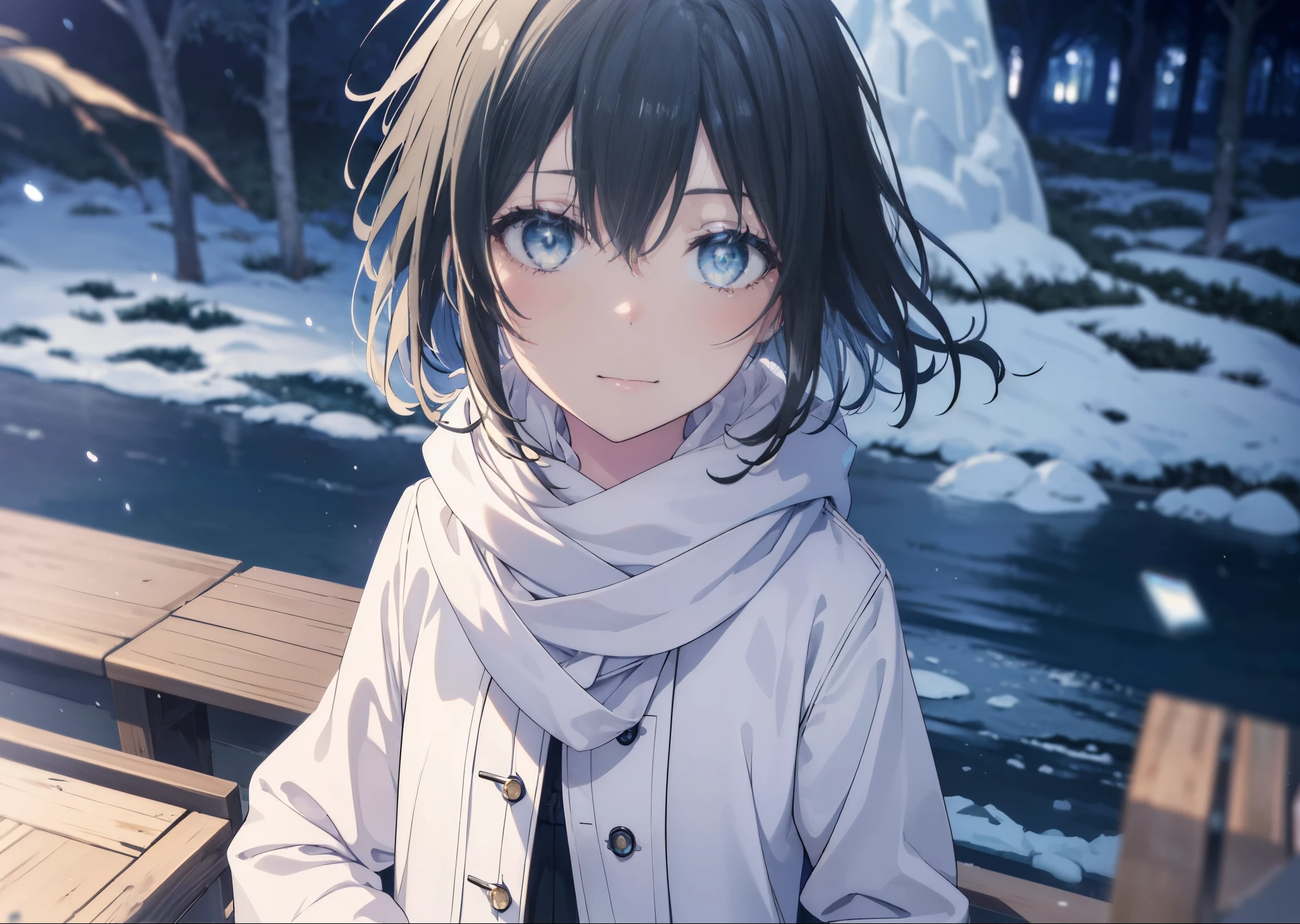 Yukiyuki Yukinoshita, Yukinoshita yukino, black hair, blue eyes, short hair, Ahoge,smile,white long coat,black sweater,scarf,skinny pants,stiletto heels,daytime,winter,benchに座ってる
break outdoors, garden bench,
break looking at viewer, whole body,peek from below,(cowboy shot:1.5),
break (masterpiece:1.2), highest quality, High resolution, unity 8k wallpaper, (shape:0.8), (beautiful and detailed eyes:1.6), highly detailed face, perfect lighting, Very detailed CG, (perfect hands, perfect anatomy),