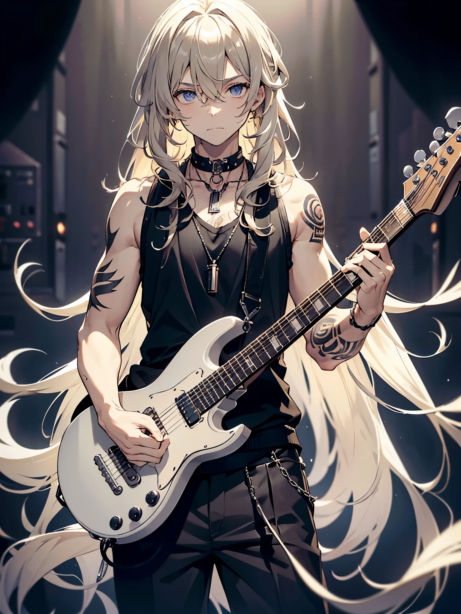 Pretty blonde boy,curls,long hair,Neutral in appearance,Standing in a dark rehearsal room,carrying guitar,Wear a black vest,There are a lot of tattoos on the arms,gloomy expression,masterpiece,best quality,A soft-looking man,gray kilt,rock,Hair a little messy,individual,Silver necklace hanging around the neck