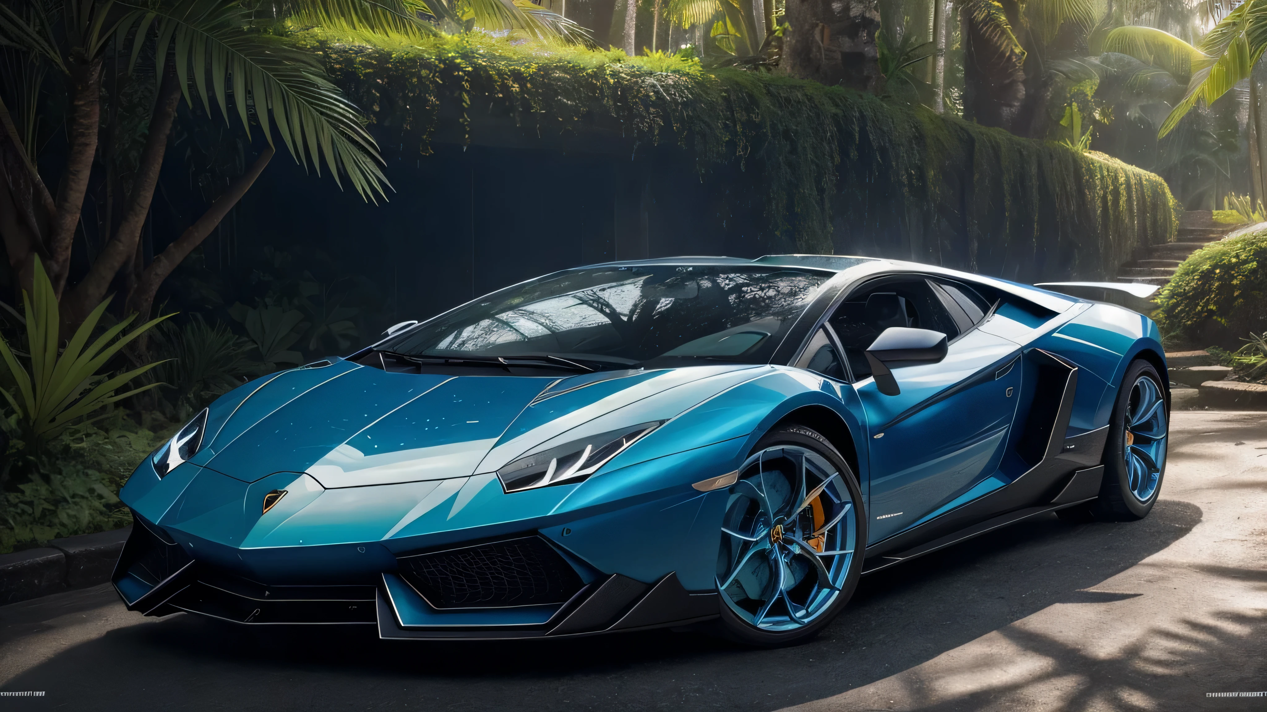 photorealistic, a dazzlingly beautiful Lamborghini in white and blue color stands in the tropical forest, blue Lamborghini stands wet and shines in the sun, many flowers and all kinds of plants, colored liquid flowing, rules of thirds, depth of field, complex parts, Conceptual art, bright colors, futuristic design, attention to detail, grandeur and awe, A stunning visual masterpiece, Fantastic kingdom, hard light, water,