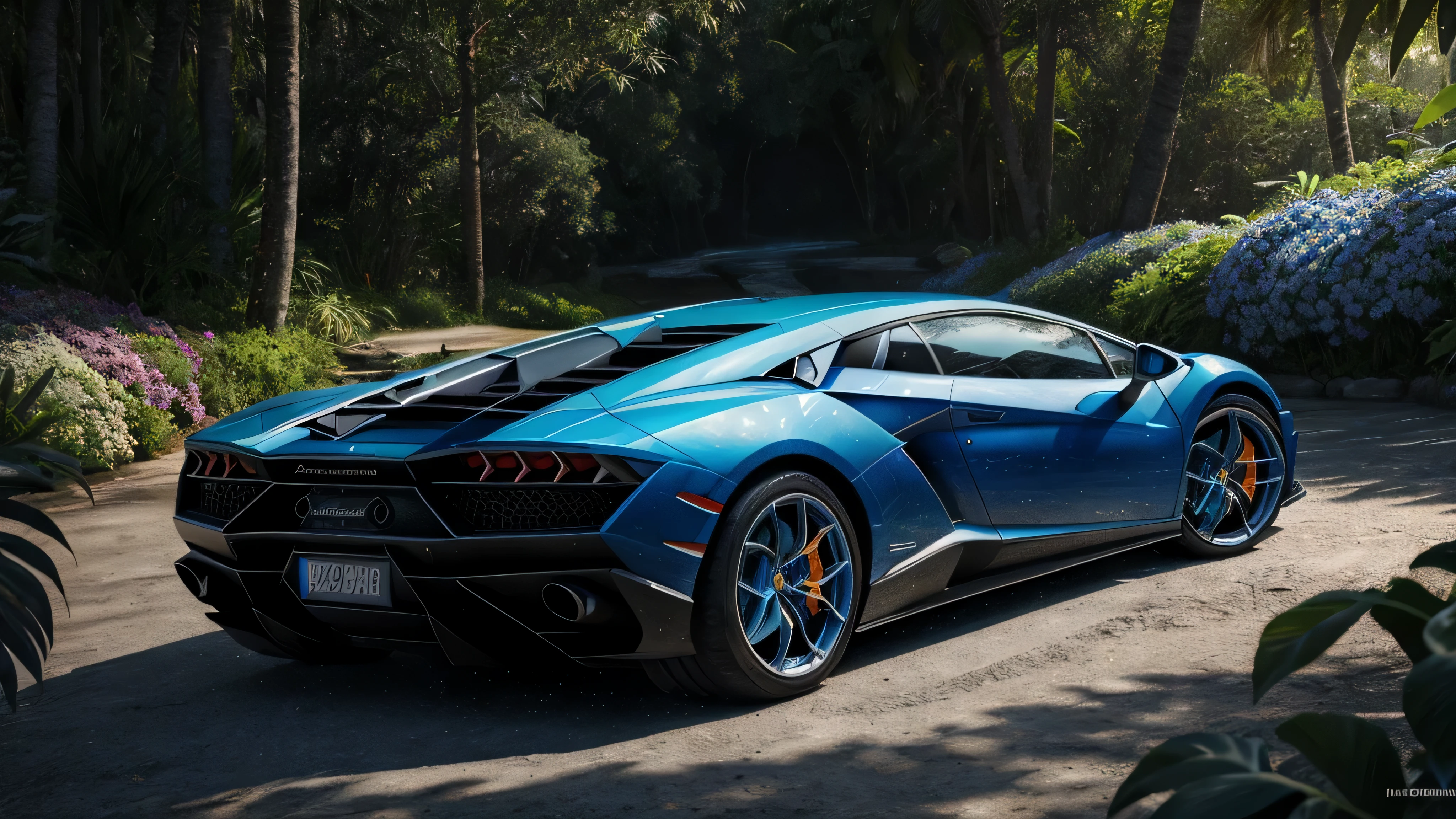 photorealistic, a dazzlingly beautiful Lamborghini in white and blue color stands in the tropical forest, blue Lamborghini stands wet and shines in the sun, many flowers and all kinds of plants, colored liquid flowing, rules of thirds, depth of field, complex parts, Conceptual art, bright colors, futuristic design, attention to detail, grandeur and awe, A stunning visual masterpiece, Fantastic kingdom, hard light, water,