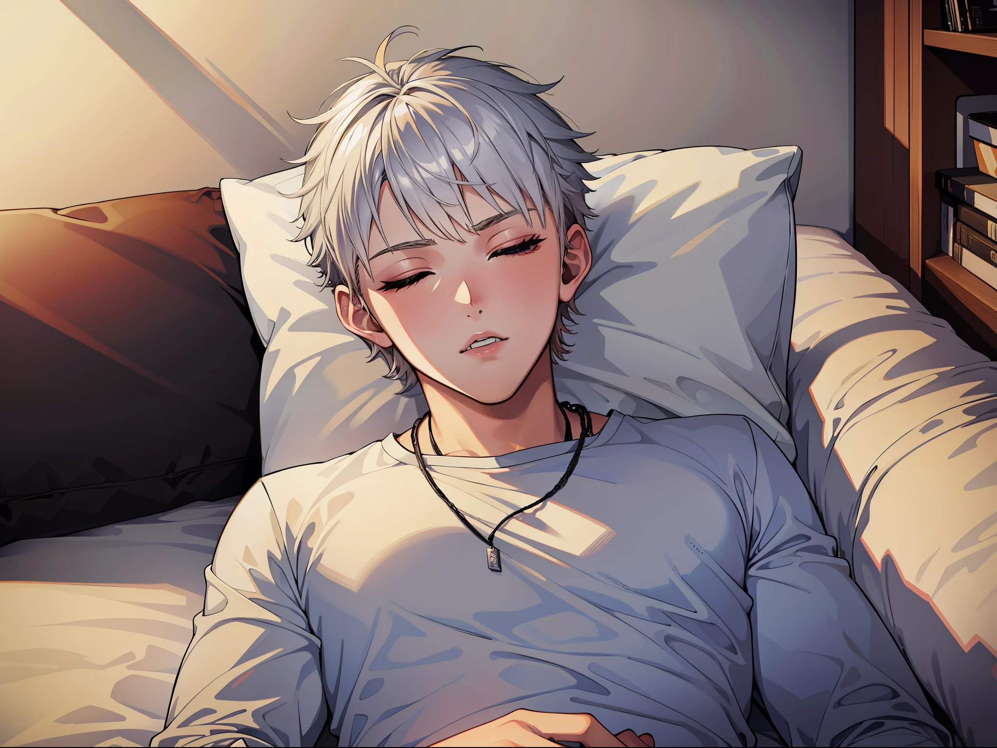 There is a cute 18 year old young man with short silver hair with his eyes closed, he is lying on his bed asleep but he is having nightmares.