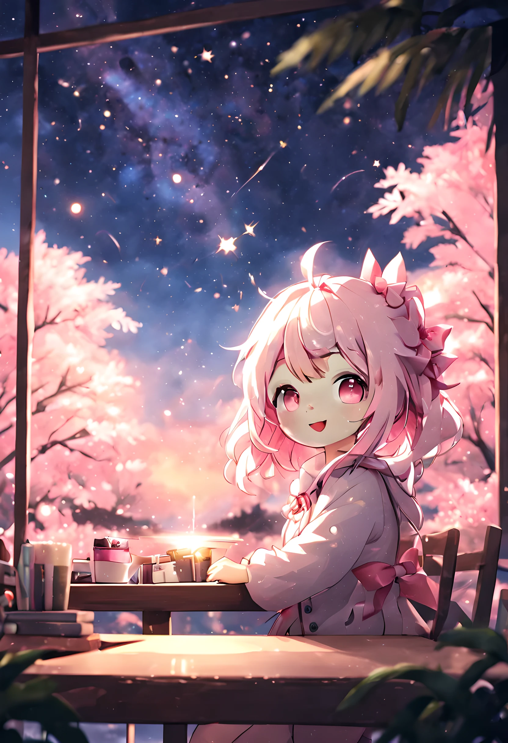 （best quality，4K，8k，high resolution，masterpiece：1.2），super detailed，（realistically，realistically，lifelike：1.37），perfect fun atmosphere，Complex lotus petal movements，The elegance of bright colors and delicate brushstrokes，The bright red stage is dotted with delicate falling snowflakes，Gentle and ethereal beauty，Dusk shines in every corner，Dance to the rhythm of flying cherry blossom petals，Mystery and elegance intertwined， Delicate emotional tears sparkle in the moonlight，girl and white cat，long blue hair， blue eyes， flowing blue dress， white top，three quarter sleeves， sitting position， brushing hair， starry sky background， halo