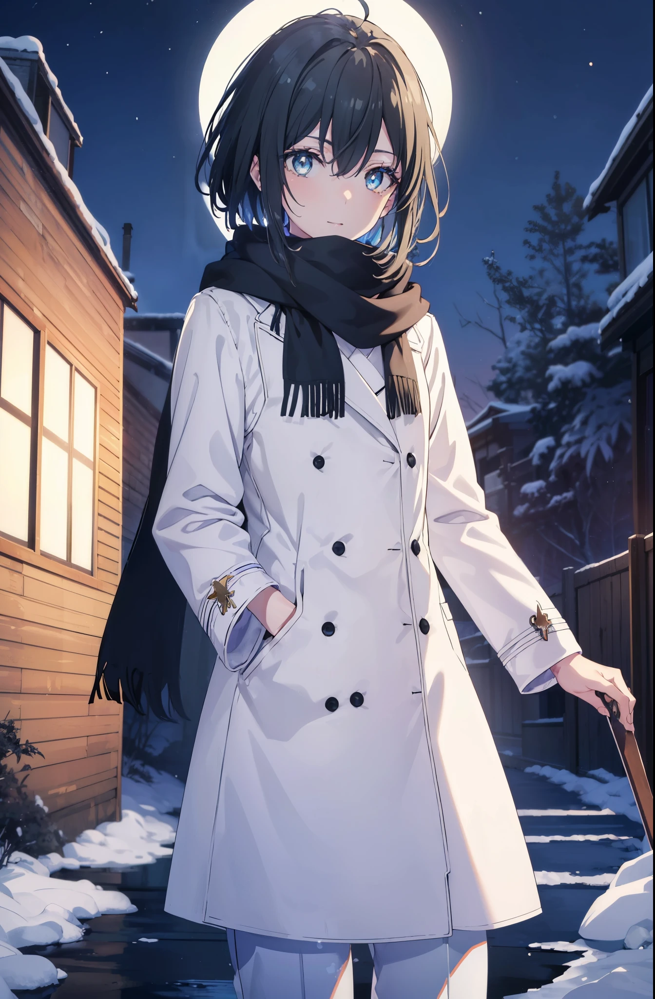 Yukiyuki Yukinoshita, Yukinoshita yukino, black hair, blue eyes, short hair, Ahoge,smile,white long coat,black sweater,scarf,skinny pants,stiletto heels,daytime,winter,benchに座ってる
break outdoors, garden bench,
break looking at viewer, whole body,peek from below,(cowboy shot:1.5),
break (masterpiece:1.2), highest quality, High resolution, unity 8k wallpaper, (shape:0.8), (beautiful and detailed eyes:1.6), highly detailed face, perfect lighting, Very detailed CG, (perfect hands, perfect anatomy),