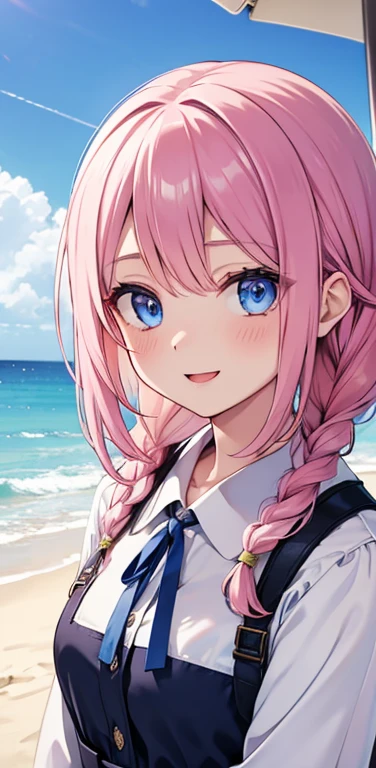 Realistic、1girl、fluorescence　pink hair、blue eyes、(eye focus:1.3,face focus:1.3,upper body:1.5),(gradient eyes:1.3),(blouse)、open mouth,(shy smile:1.3),forehead,braided bangs、cute face,portrait,beach、