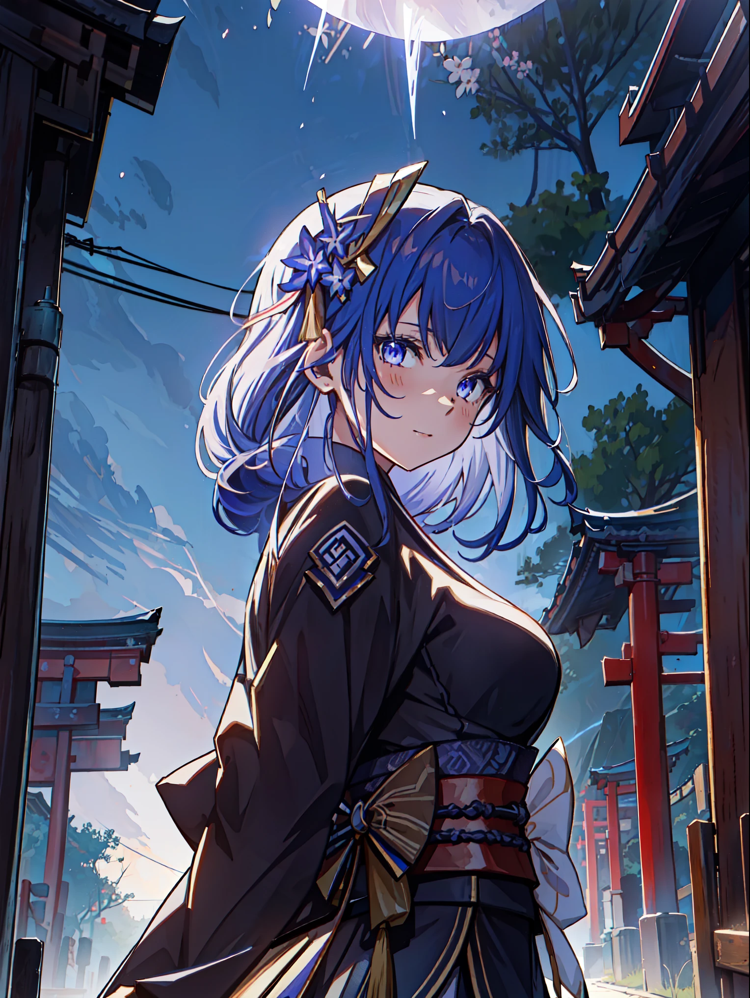 General Raiden, 日本のshrineで艶かしく微笑むGeneral Raiden, big breasts, Moonlight night, goofy face,masterpiece,shrine,Senbon Torii,Thunder,紫の閃Light,Light,Lens flare