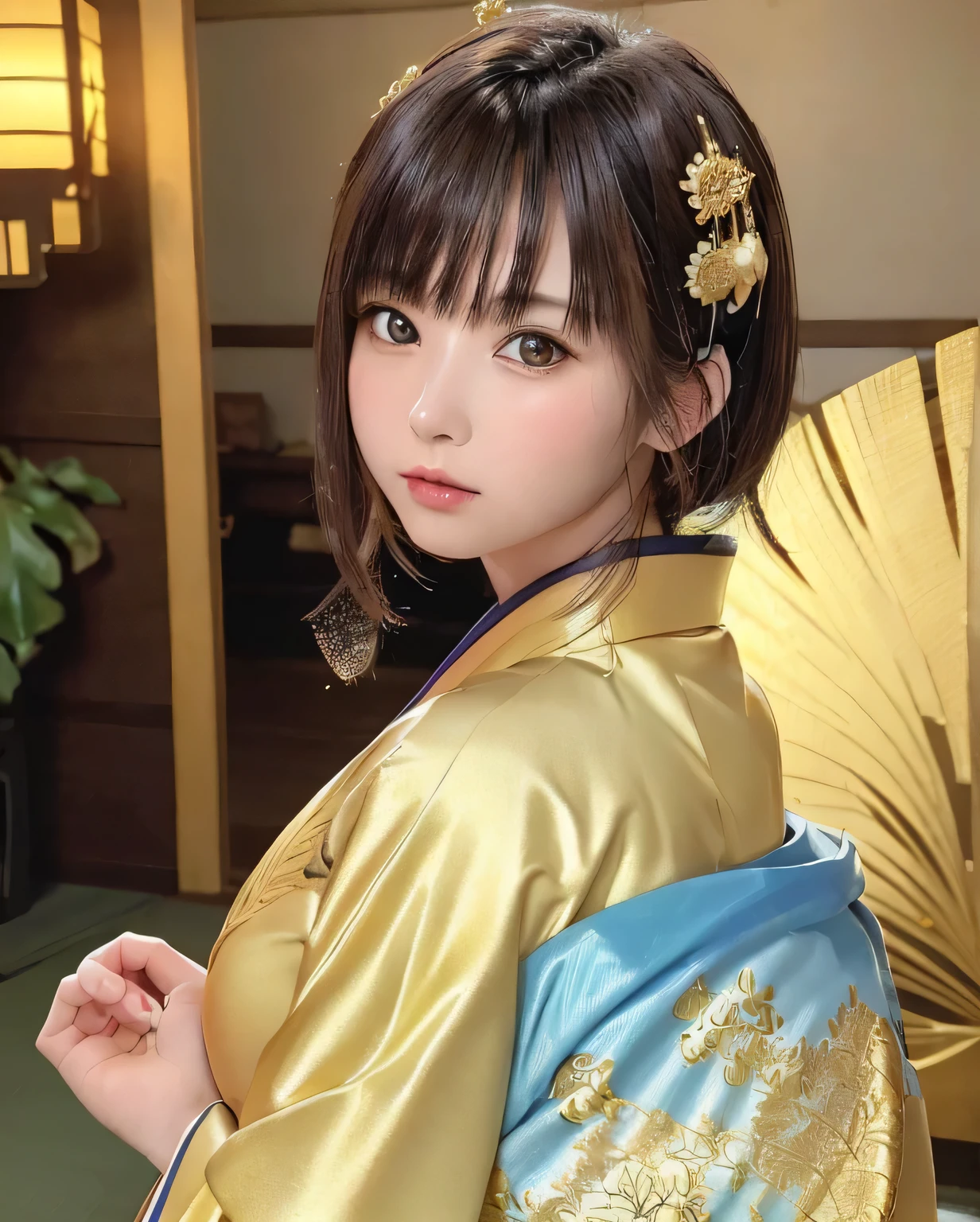 (Beautiful model in Japanese kimono commercial, beautiful straight long hair), alone, ((face 80% beauty and elegance, 20% pretty and cute:1.5)), clear eyes, (fine eyes, light green eyes, bright pupils), double eyelid, (Slightly thick and sexy lips:1.2), ((Super detailed and incredibly high resolution kimono:1.2)), Highly detailed facial texture, impressive body shape, Curvaceous and very attractive woman, High resolution RAW color photos Professional photography, break Ultra High Resolution Textures, High resolution body rendering, big eyes, A masterpiece like no other in history, incredible high resolution, Super detailed, stunning ceramic skin, break ((When I turned around, I can see the pattern of the kimono.:1.2)), ((Wearing a Rimpa kimono with plenty of glittering gold:1.5)), ((Gold as the main color、This is a kimono with very luxurious embroidery.......:1.2)), (Half color and band dark blue) ,(Elaborately crafted Japan classic kimono), ((Embroidered pattern is peacock., Flowing water pattern, and colorful flowers):1.2), ((Kimono with elaborate and elegant decorations)), (Commemorative photo in front of the Rimpa Kinkon Feng Shui folding screen REAK ((highest quality, 8K)), sharp focus:1.2, (layer cut, big:1.2), (beautiful woman with perfect figure:1.4), (Beautifully shaped breasts:1.3), thin waist, (correct hand shape:1.5), (full body shot | cowboy shot)、Rear view