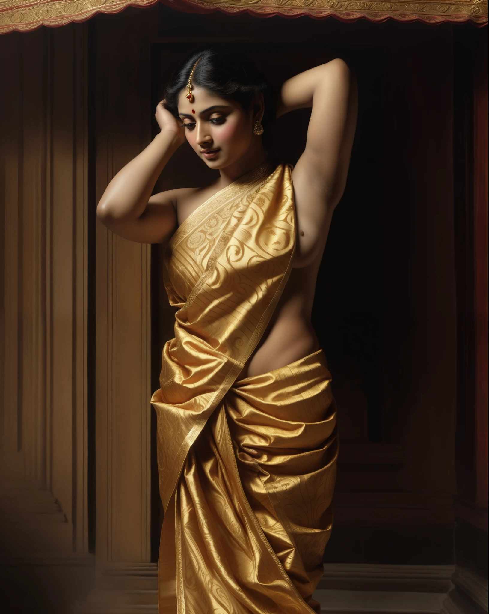 Beautiful Indian Woman, wearing saree, sari Beauty, gorgeous, Apsara, Maharani, royal queen woman, nymph from Hindu Mythology, Urvashi, matchless beauty, Highly detailed, Oil Painting by Peter Paul Rubens inspired by Raja Ravi Varma, Matchless beauty, captivating, gorgeous, heavenly beauty, celestial beauty, by Peter Paul Rubens, 1893, realistic, hyper realistic, micro details, incredible artwork, insane details, ultra High resolution, 8k, 32k, acrylic on canvas, intricate, flawless, detailed, detailed face, detailed eyes, masterpiece, by Peter Paul Rubens, by Caravaggio, by William Adolphe bouguereau, perfect face, perfect body, beautiful art, realism, baroque, renaissance Art, highly textured, beautiful and High clarity eyes, uhd, best quality,