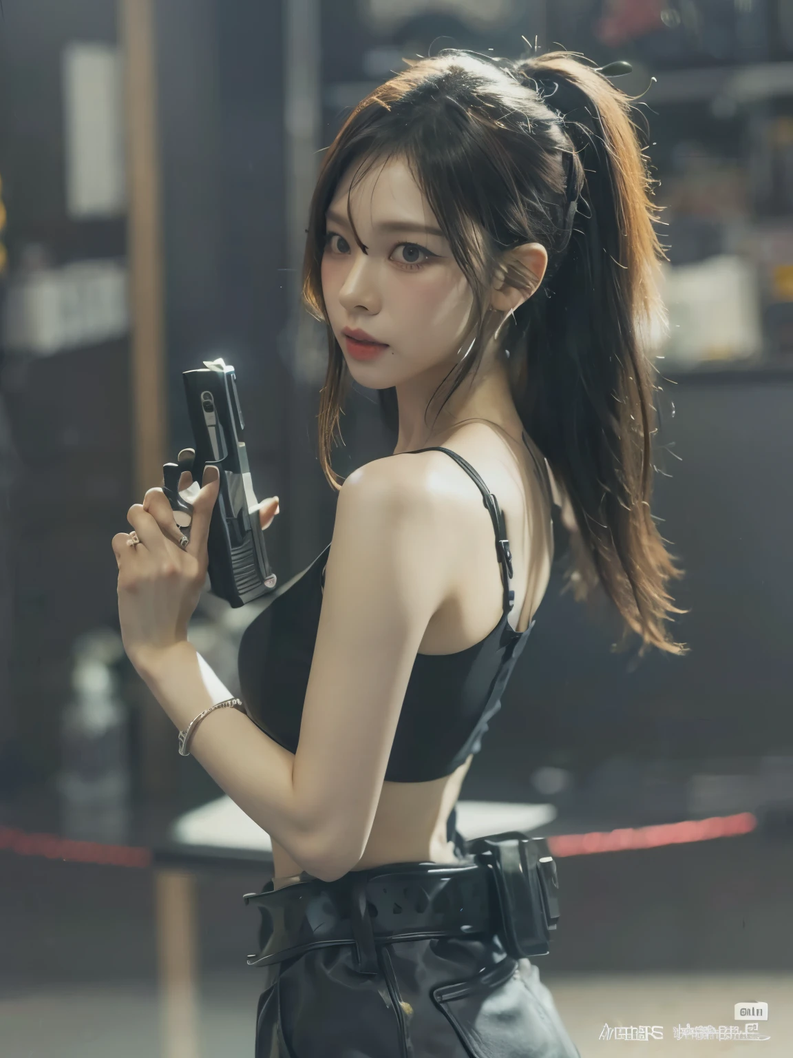 araffe asian woman in a black bra top holding a cell phone, with pistol, shooting pose, with rifle, by Yang J, dilraba dilmurat, sexy style, ig model | artgerm, korean girl, with a gun, cyberpunk 2 0 y. o model girl, yakuza slim girl, cyberpunk girl, an edgy teen assassin