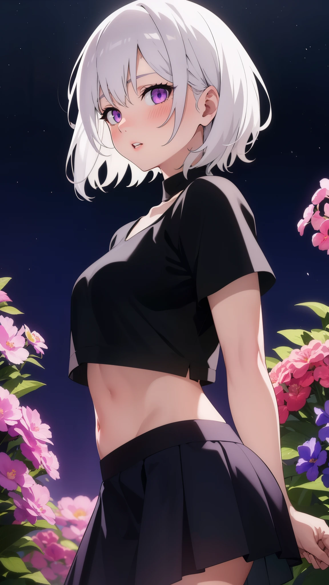 realistic, 1girl, white hair, purple eyes, glowing eyes, crop top, skirt, parted lips, blush, night, flowers, sun, sunlight,