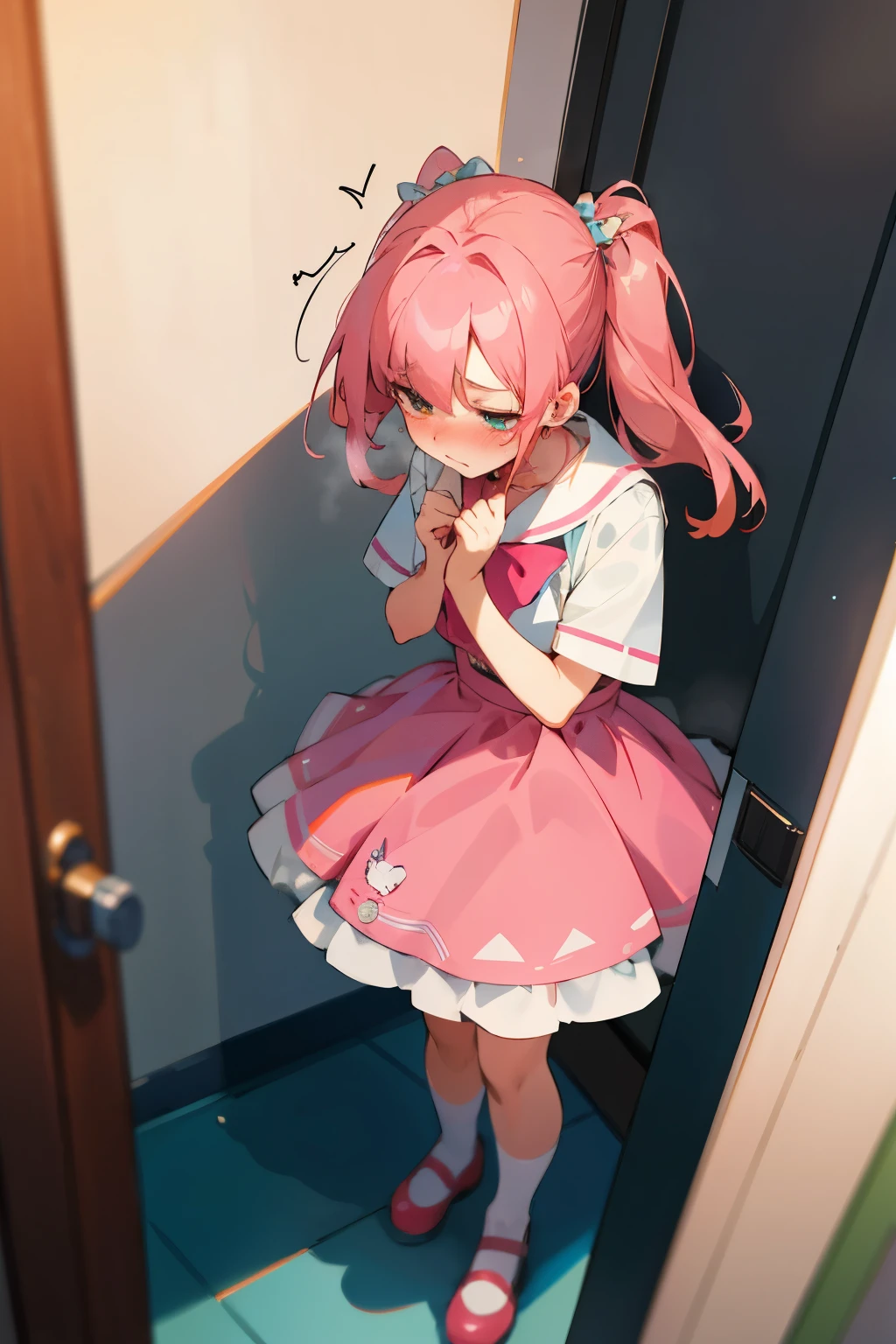 NSFW masterpiece of sakuracat by anrika-troll-chan, showcasing top-quality, ultra-detailed CG. The character features beautiful pink hair and is dressed in a cute outfit. In one scene, she can be seen looking away in embarrassment as she stands on a street, her face blushing intensely. With a mini skirt and a cute dress, she desperately tries to keep her mouth shut. The detailed illustration captures her in a moment of vulnerability, as she discreetly heads towards a bathroom, her actions indicating an urgent need to relieve herself.