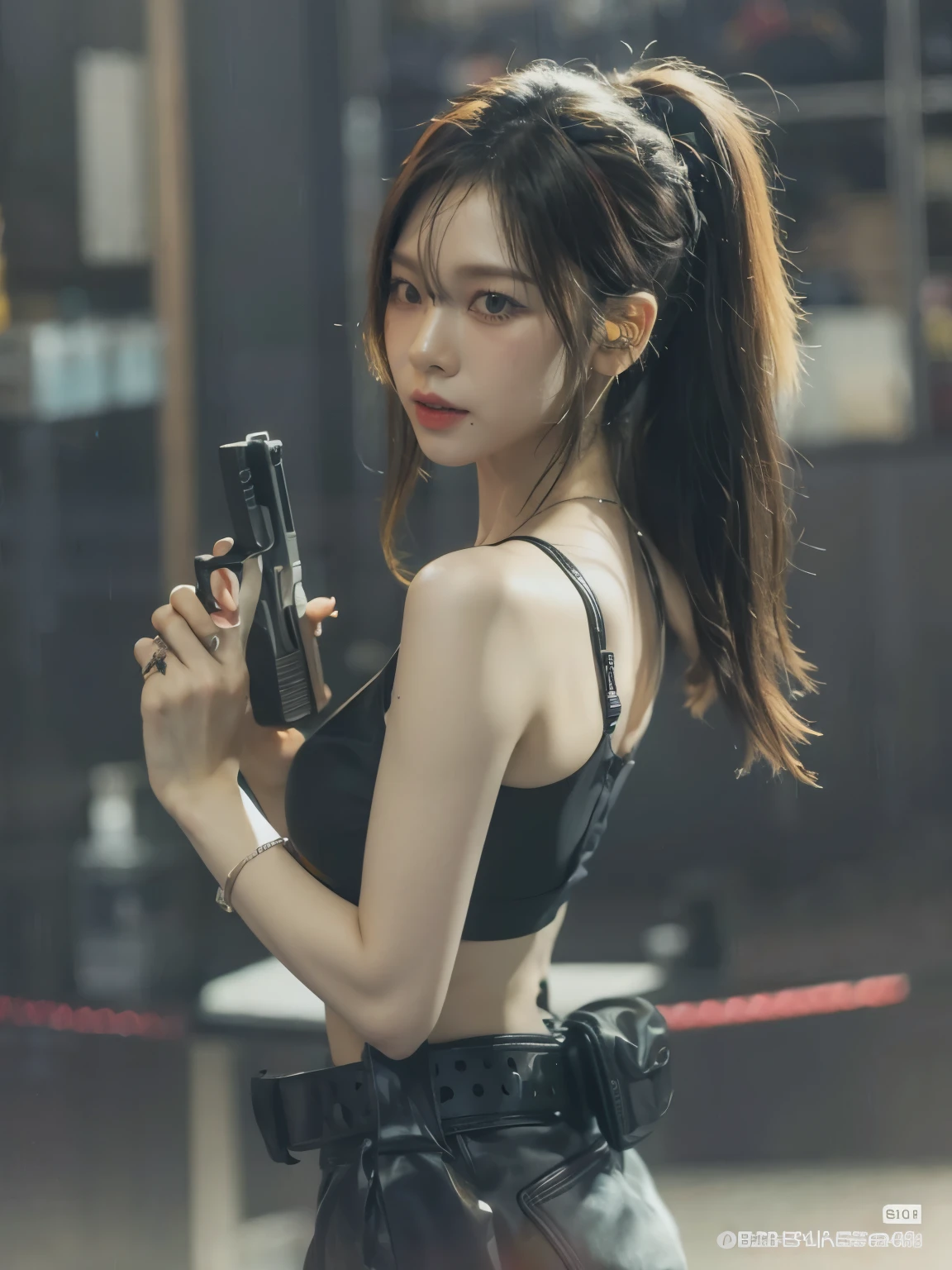araffe asian woman in a black bra top holding a cell phone, with pistol, shooting pose, with rifle, by Yang J, dilraba dilmurat, sexy style, ig model | artgerm, korean girl, with a gun, cyberpunk 2 0 y. o model girl, yakuza slim girl, cyberpunk girl, an edgy teen assassin