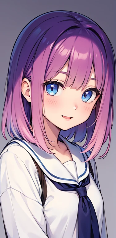 Realistic、1girl、fluorescence　pink hair、blue eyes、(eye focus:1.3,face focus:1.3,upper body:1.5),(gradient eyes:1.3),(blouse)、open mouth,(shy smile:1.3),forehead,blunt bangs、cute face,portrait,beach、