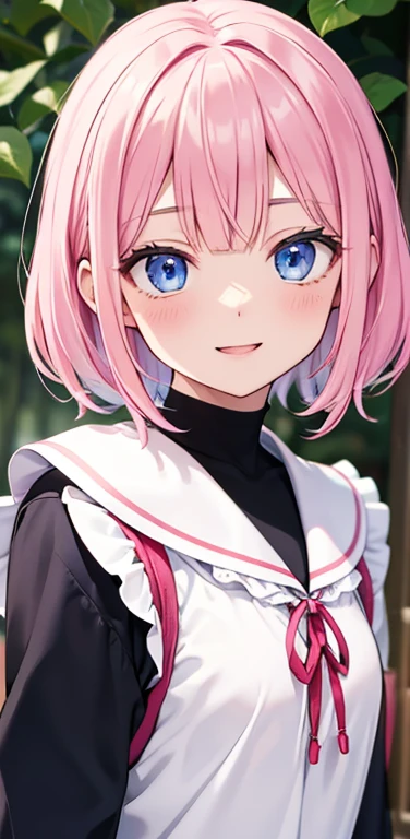 Realistic、1girl、fluorescence　pink hair、blue eyes、(eye focus:1.3,face focus:1.3,upper body:1.5),(gradient eyes:1.3),(blouse)、open mouth,(shy smile:1.3),forehead,blunt bangs、cute face,portrait,beach、