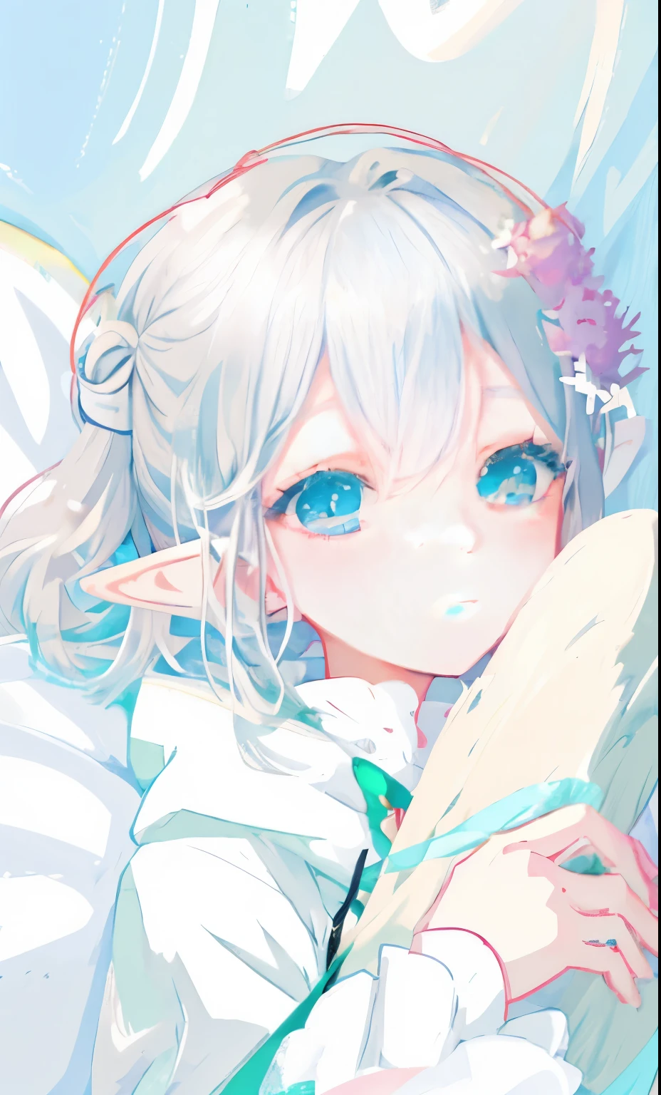 Silver hair lying on the bed，Anime girl in white dress, elf girl, soft anime illustration, She has elf ears and green eyes, Ethereal animation, Clean and detailed anime art, by Shitao, Anime visual of a cute girl, elf girl wearing an flower suit, beautiful anime girl, Beautiful anime artwork, anime illustration, Beautiful anime art style, Beautiful fantasy anime，exquisite eyes，long eyelashes，Doudumei，round face