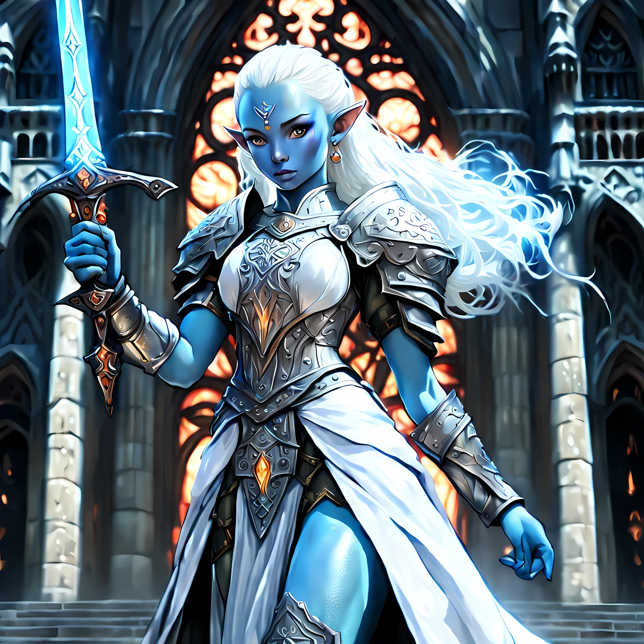 fantasy art, dnd art, RPG art, wide shot, (masterpiece: 1.4) a (portrait: 1.3) intense details, highly detailed, photorealistic, best quality, highres, portrait a female (fantasy art, Masterpiece, best quality: 1.3) ((blue skin: 1.5)), intense details facial details, exquisite beauty, (fantasy art, Masterpiece, best quality) cleric, (blue: 1.3) skinned female, white hair, long hair, (hair hides ears: 1.5), (green: 1.3) eye, fantasy art, Masterpiece, best quality) armed a fiery sword red fire, wearing heavy (white: 1.3) half plate mail armor, wearing high heeled laced boots, wearing an(orange :1.3) cloak, wearing glowing holy symbol GlowingRunes_yellow, within fantasy temple background, reflection light, high details, best quality, 16k, [ultra detailed], masterpiece, best quality, (extremely detailed), close up, ultra wide shot, photorealistic, RAW, fantasy art, dnd art, fantasy art, realistic art,((best quality)), ((masterpiece)), (detailed), perfect face, 