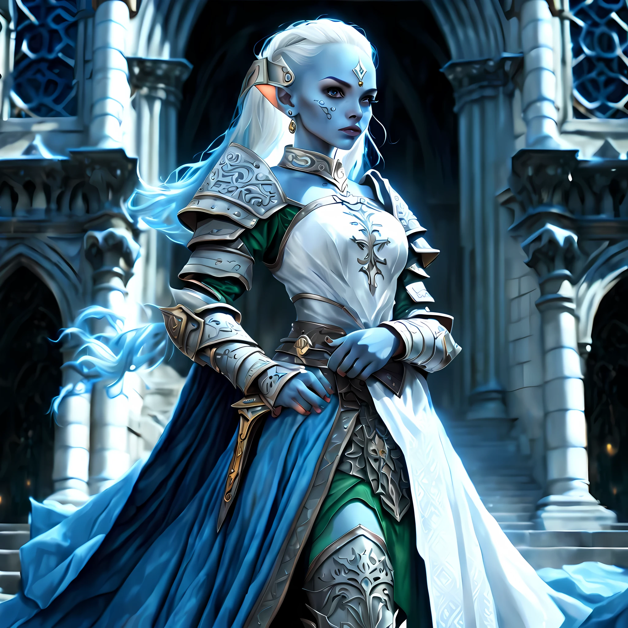 fantasy art, dnd art, RPG art, wide shot, (masterpiece: 1.4) a (portrait: 1.3) intense details, highly detailed, photorealistic, best quality, highres, portrait a female (fantasy art, Masterpiece, best quality: 1.3) ((blue skin: 1.5)), intense details facial details, exquisite beauty, (fantasy art, Masterpiece, best quality) cleric, (blue: 1.3) skinned female, (white hair: 1.3), bald head (green: 1.3) eye, fantasy art, Masterpiece, best quality) armed a fiery sword red fire, wearing heavy (white: 1.3) half plate mail armor, wearing high heeled laced boots, wearing an(orange :1.3) cloak, wearing glowing holy symbol GlowingRunes_yellow, within fantasy temple background, reflection light, high details, best quality, 16k, [ultra detailed], masterpiece, best quality, (extremely detailed), close up, ultra wide shot, photorealistic, RAW, fantasy art, dnd art, fantasy art, realistic art,((best quality)), ((masterpiece)), (detailed), perfect face, ((no ears: 1.6))