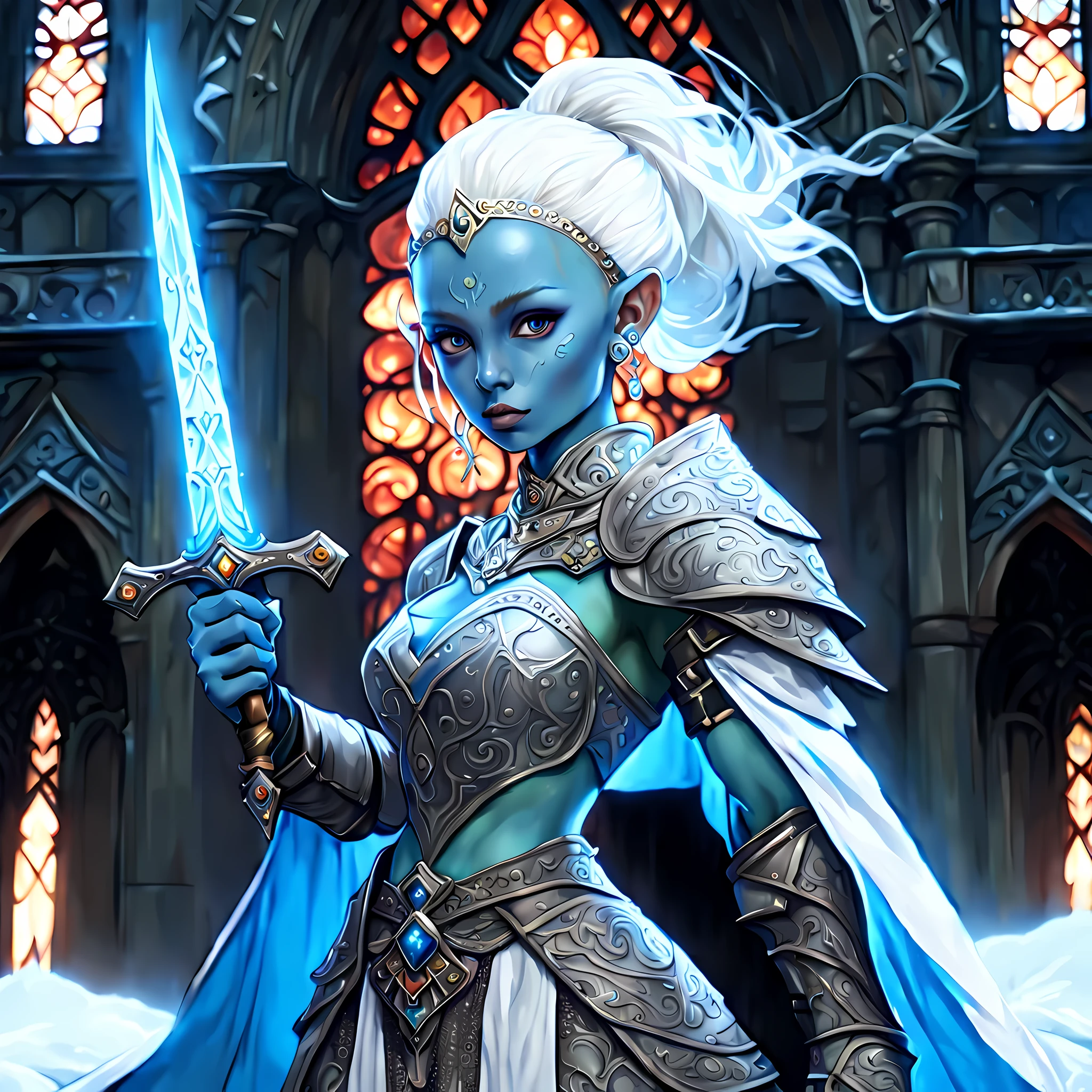 fantasy art, dnd art, RPG art, wide shot, (masterpiece: 1.4) a (portrait: 1.3) intense details, highly detailed, photorealistic, best quality, highres, portrait a female (fantasy art, Masterpiece, best quality: 1.3) ((blue skin: 1.5)), intense details facial details, exquisite beauty, (fantasy art, Masterpiece, best quality) cleric, (blue: 1.3) skinned female, (white hair: 1.3), bald head (green: 1.3) eye, fantasy art, Masterpiece, best quality) armed a fiery sword red fire, wearing heavy (white: 1.3) half plate mail armor, wearing high heeled laced boots, wearing an(orange :1.3) cloak, wearing glowing holy symbol GlowingRunes_yellow, within fantasy temple background, reflection light, high details, best quality, 16k, [ultra detailed], masterpiece, best quality, (extremely detailed), close up, ultra wide shot, photorealistic, RAW, fantasy art, dnd art, fantasy art, realistic art,((best quality)), ((masterpiece)), (detailed), perfect face, ((no ears: 1.6))