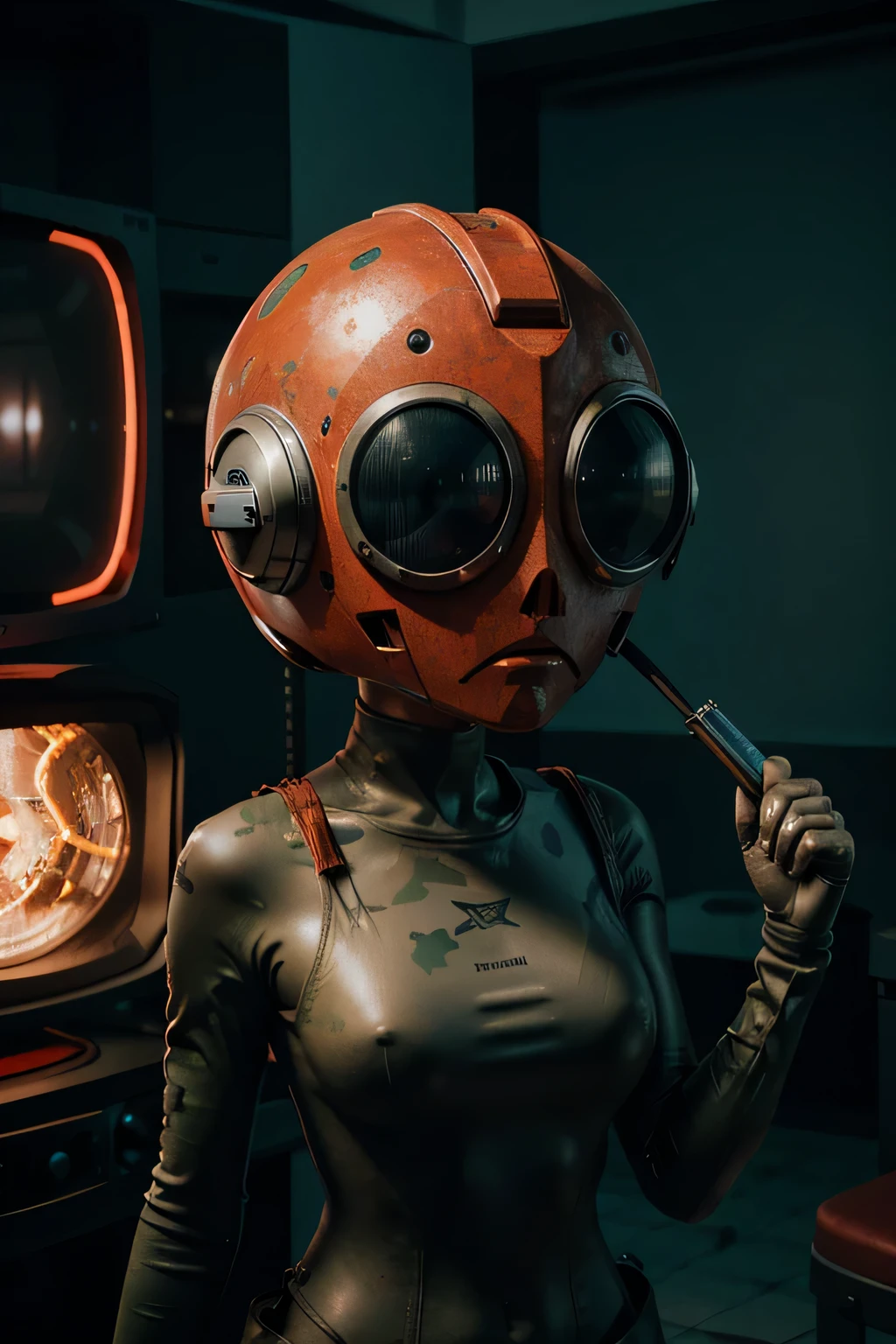 Un dibujo animado plano moderno Loco con un Big ONE, un robot con un solo ojo y un estilo de casco., pinzas en las manos, television head, cabeza de alfiler, camuflaje rojo oxidado, Super detailed ocean environment., centro, hermoso, Soft lighting, Centrado en el personaje, 4k resolution, Photorealistic rendering.