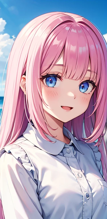 Realistic、1girl、fluorescence pink hair、blue eyes、(eye focus:1.3,face focus:1.3,upper body:1.5),(gradient eyes:1.3),(blouse)、open mouth,(light smile:1.3),forehead,blunt bangs、cute face,portrait,beach、