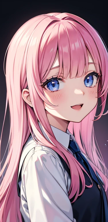 Realistic、1girl、fluorescence　pink hair、blue eyes、(eye focus:1.3,face focus:1.3,upper body:1.5),(gradient eyes:1.3),(blouse)、open mouth,(shy smile:1.3),forehead,braided bangs、cute face,portrait,beach、