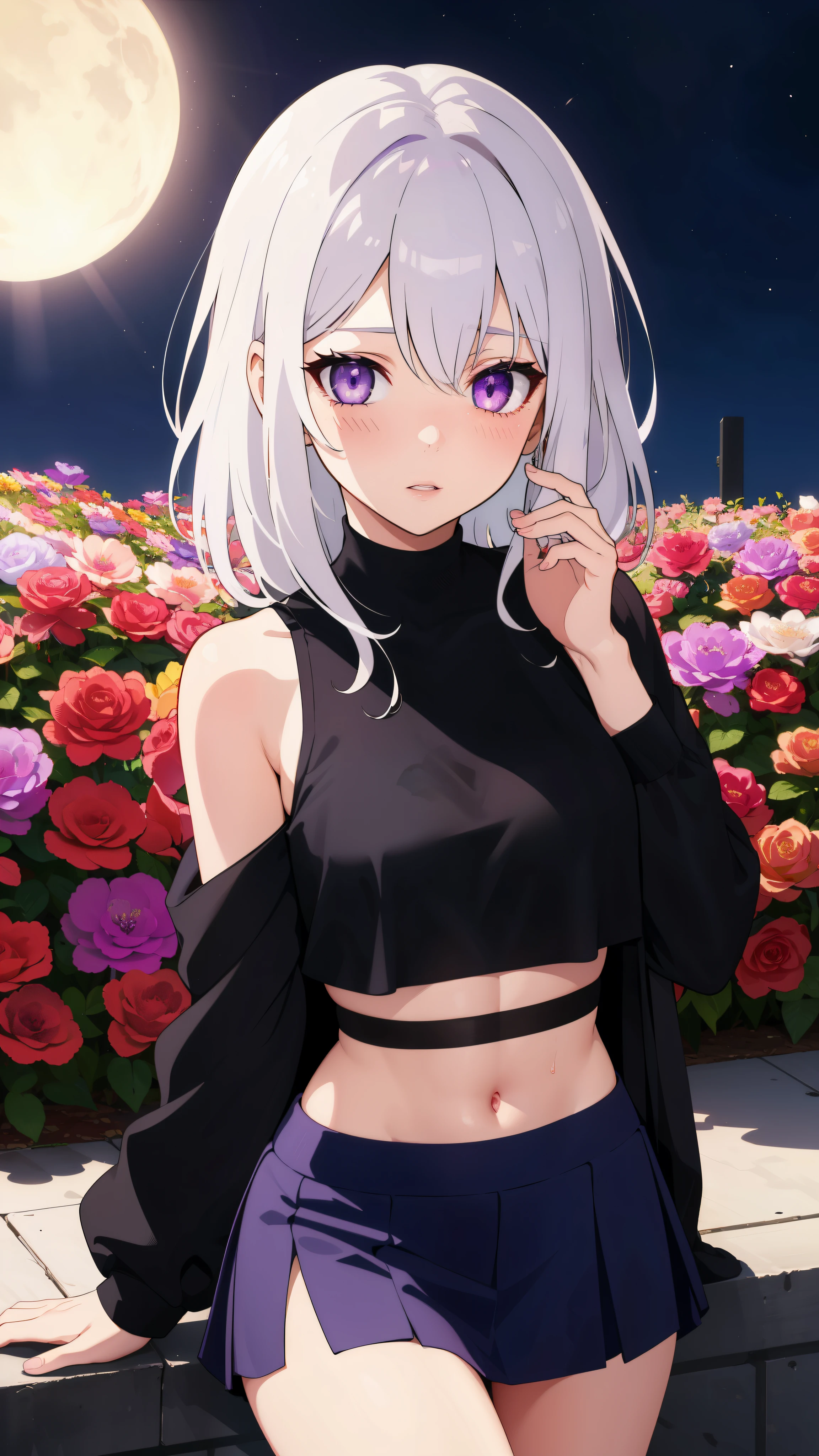 realistic, 1 girl, gray hair, purple eyes, shining eyes, crop top, skirt, parted lips, blush, night, flowers, sun, sunlight,