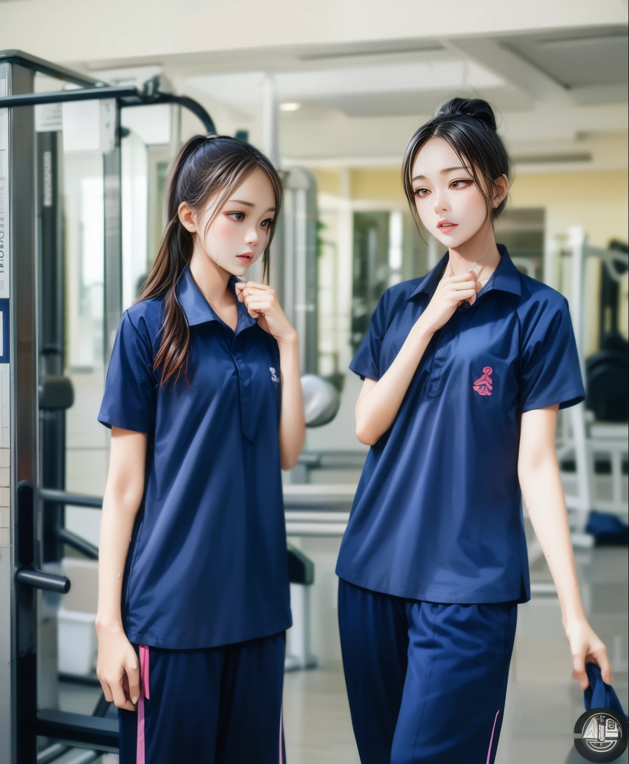 3 girls in fitness center, Navy blue short-sleeved shirt,Navy Long Trackpant,Sweatpants, Sweatpantsขายาว,25 year old girl, lesbian, sexy, exercise clothes, wet body, exercise clothes