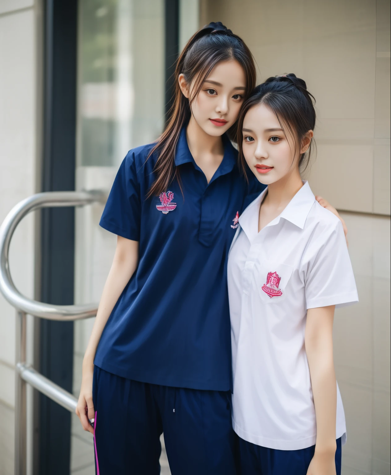 3 girls in fitness center, Navy blue short-sleeved shirt,Navy Long Trackpant,Sweatpants, Sweatpantsขายาว,25 year old girl, lesbian, sexy, exercise clothes, wet body, exercise clothes