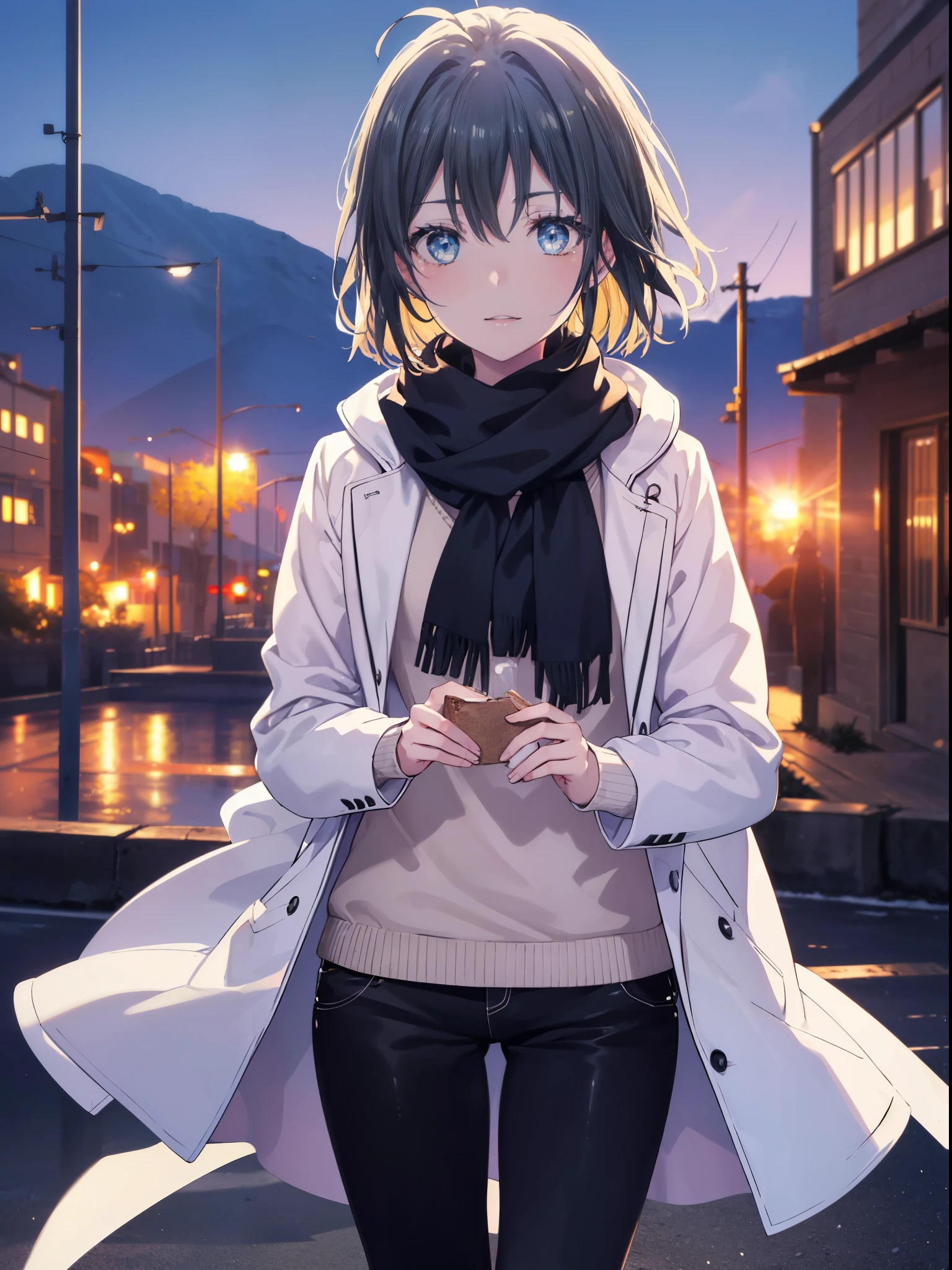 Yukiyuki Yukinoshita, Yukinoshita yukino, black hair, blue eyes, short hair, Ahoge,smile,white long coat,black sweater,scarf,denim skinny pants,stiletto heels,daytime,winter,
break outdoors, In town,ビル街
break looking at viewer 全身,(cowboy shot:1.5),
break (masterpiece:1.2), highest quality, High resolution, unity 8k wallpaper, (shape:0.8), (beautiful and detailed eyes:1.6), highly detailed face, perfect lighting, Very detailed CG, (perfect hands, perfect anatomy),