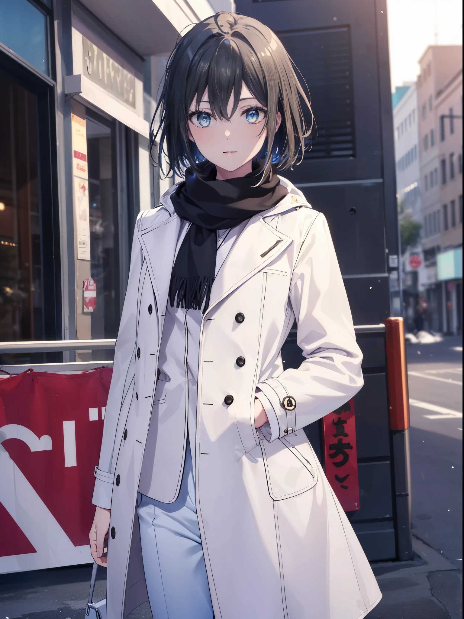 Yukiyuki Yukinoshita, Yukinoshita yukino, black hair, blue eyes, short hair, Ahoge,smile,white long coat,black sweater,scarf,denim skinny pants,stiletto heels,daytime,winter,
break outdoors, In town,ビル街
break looking at viewer 全身,(cowboy shot:1.5),
break (masterpiece:1.2), highest quality, High resolution, unity 8k wallpaper, (shape:0.8), (beautiful and detailed eyes:1.6), highly detailed face, perfect lighting, Very detailed CG, (perfect hands, perfect anatomy),