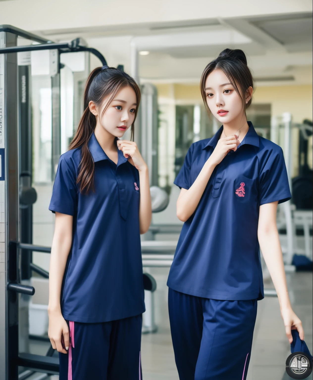 3 girls in fitness center, Navy blue short-sleeved shirt,Navy Long Trackpant,Sweatpants, Sweatpantsขายาว,25 year old girl, lesbian, sexy, exercise clothes, wet body, exercise clothes