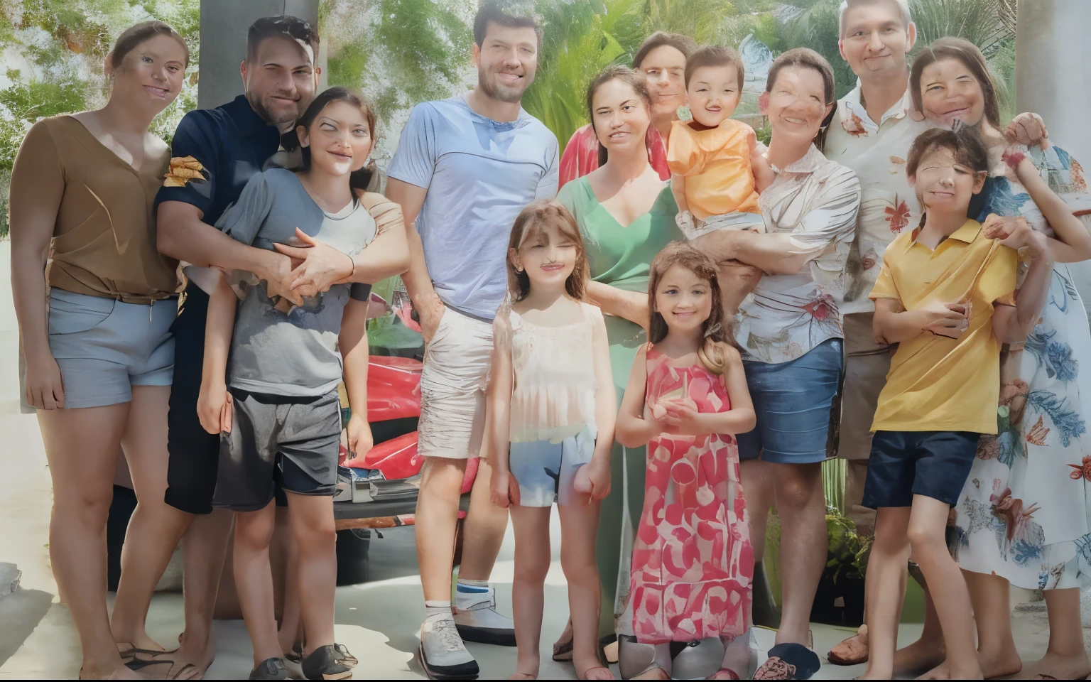 Improve this photo to a ultra-realistic family portrait in a garden with palm trees. Use the same faces.