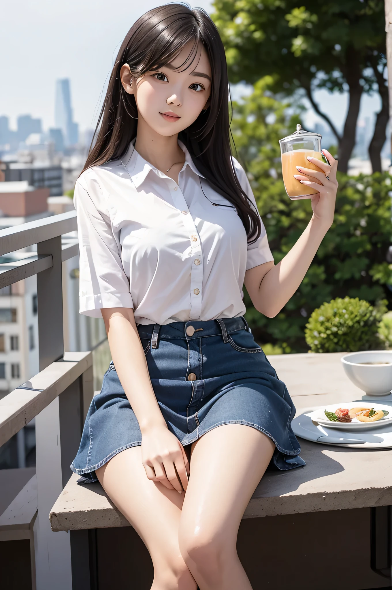 Wear a super mini skirt、A 20-year-old female college student is having tea on the terrace..
