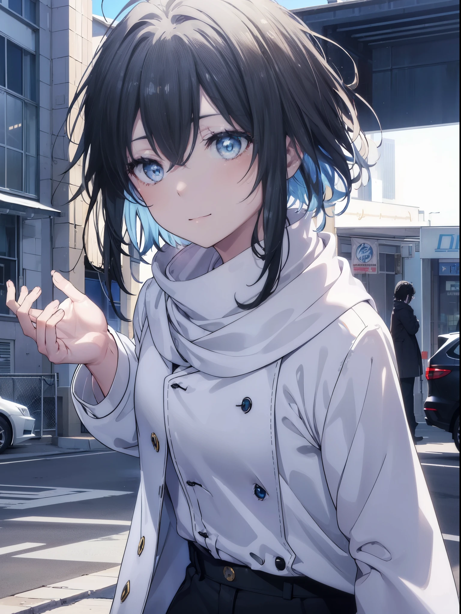 Yukiyuki Yukinoshita, Yukinoshita yukino, black hair, blue eyes, short hair, Ahoge,smile,white long coat,black sweater,scarf,denim skinny pants,stiletto heels,daytime,winter,
break outdoors, city,building street,
break (masterpiece:1.2), highest quality, High resolution, unity 8k wallpaper, (shape:0.8), (beautiful and detailed eyes:1.6), highly detailed face, perfect lighting, Very detailed CG, (perfect hands, perfect anatomy),