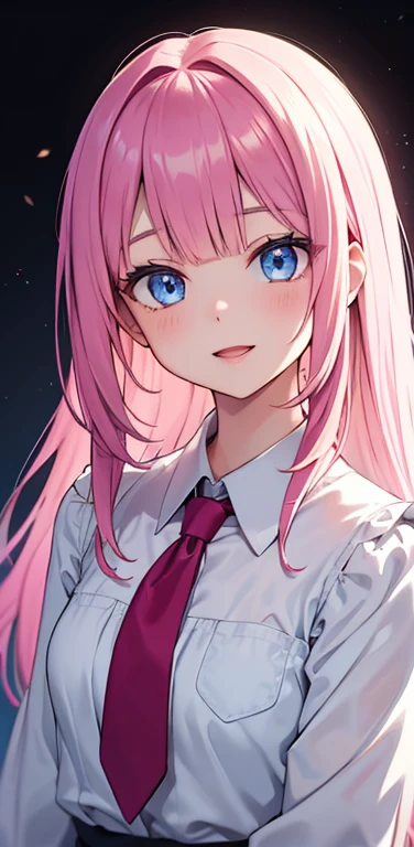 Realistic、1girl、fluorescence pink hair、blue eyes、(eye focus:1.3,face focus:1.3,upper body:1.5),(gradient eyes:1.3),(blouse)、open mouth,(light smile:1.3),blunt bangs、cute face,portrait,