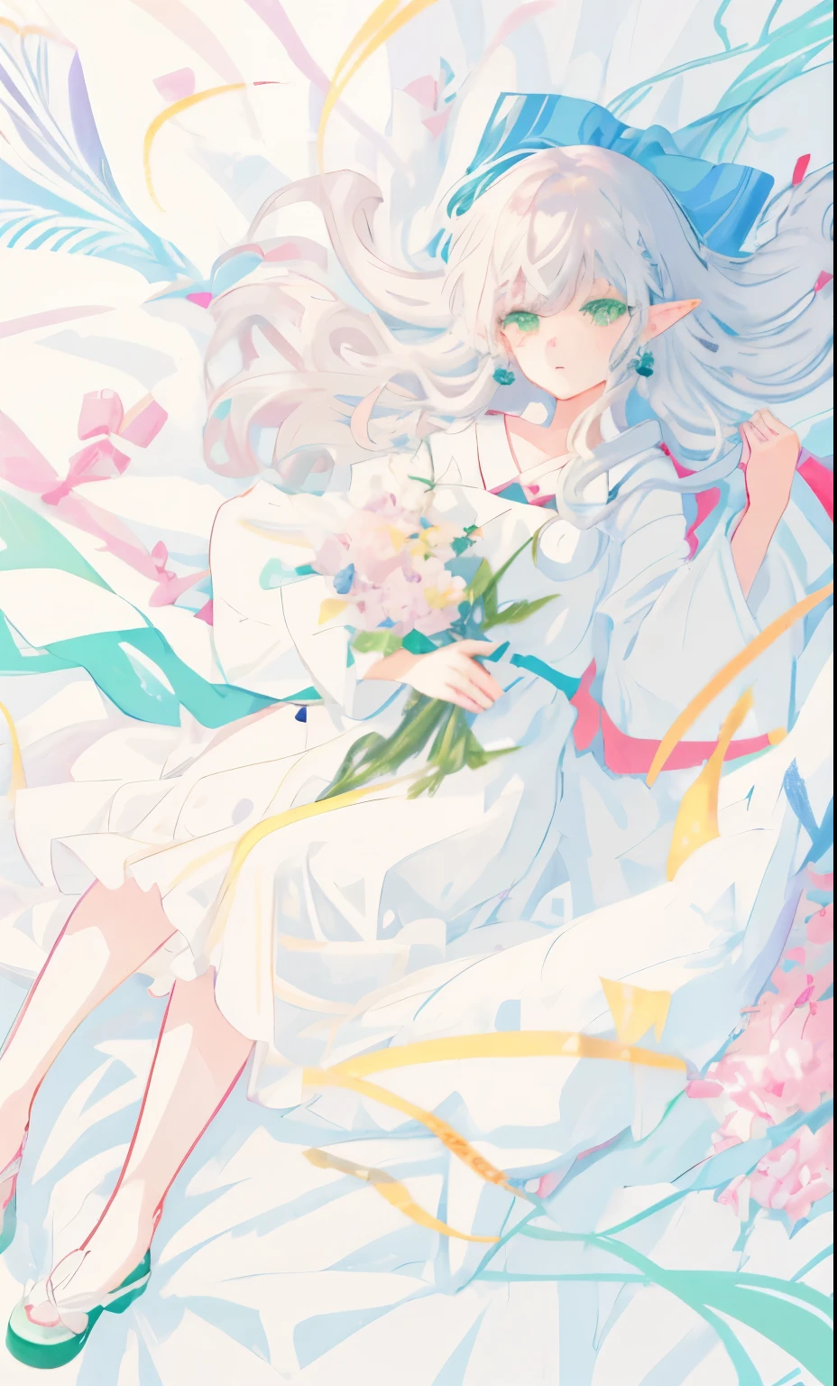 Silver hair lying on the bed,Anime girl in white dress, elf girl, soft anime illustration, She has elf ears and green eyes, Ethereal animation, Clean and detailed anime art, by Shitao, Anime visual of a cute girl, elf girl wearing an flower suit, beautiful anime girl, Beautiful anime artwork, anime illustration, Beautiful anime art style, Beautiful fantasy anime,exquisite eyes,long eyelashes,Doudumei,round face