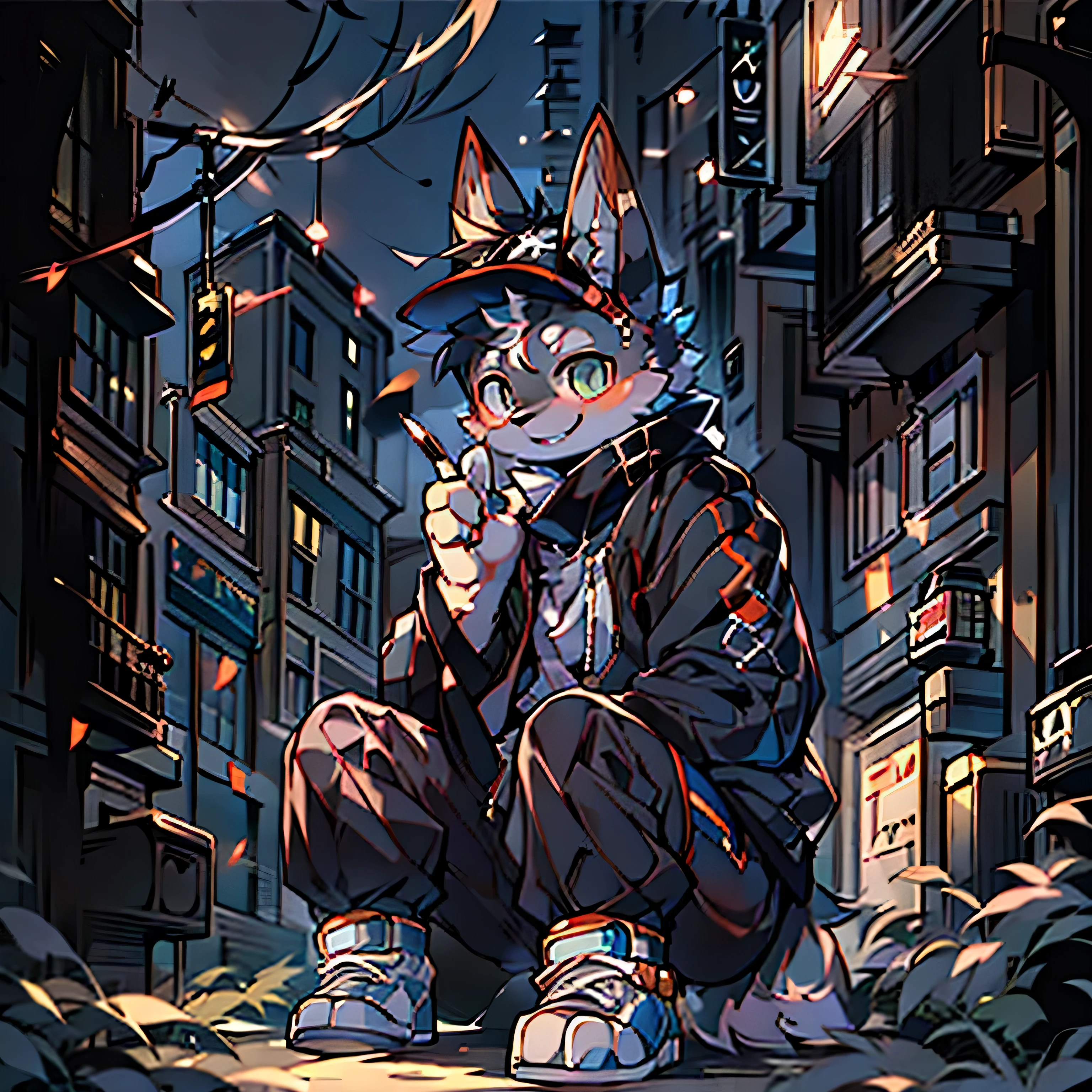 top quality,best quality,Rozmin trip,vector art,High-quality illustrations,masterpiece)(Common,furry human),round,broken to pieces,street,(boy black humanoid dog:1.2), smile warmly,Flashing friendly peace sign,Super detailed illustrations,the only person,dark night,黑暗的street