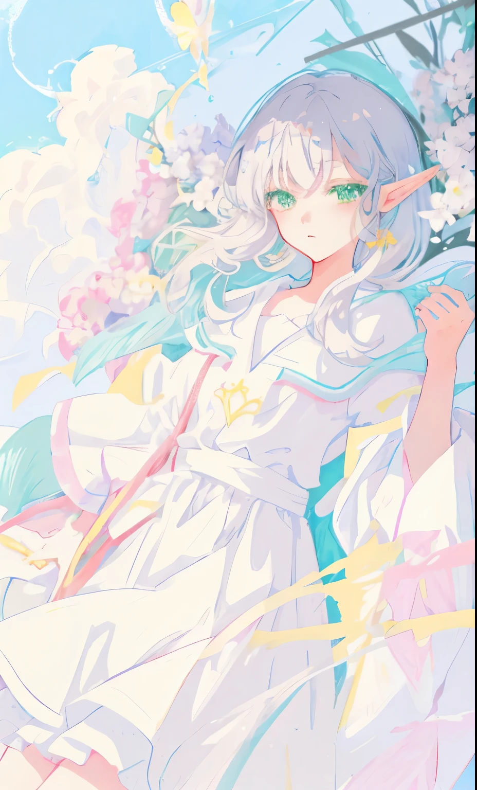 Silver hair lying on the bed,Anime girl in white dress, elf girl, soft anime illustration, She has elf ears and green eyes, Ethereal animation, Clean and detailed anime art, by Shitao, Anime visual of a cute girl, elf girl wearing an flower suit, beautiful anime girl, Beautiful anime artwork, anime illustration, Beautiful anime art style, Beautiful fantasy anime,exquisite eyes,long eyelashes,Doudumei,round face