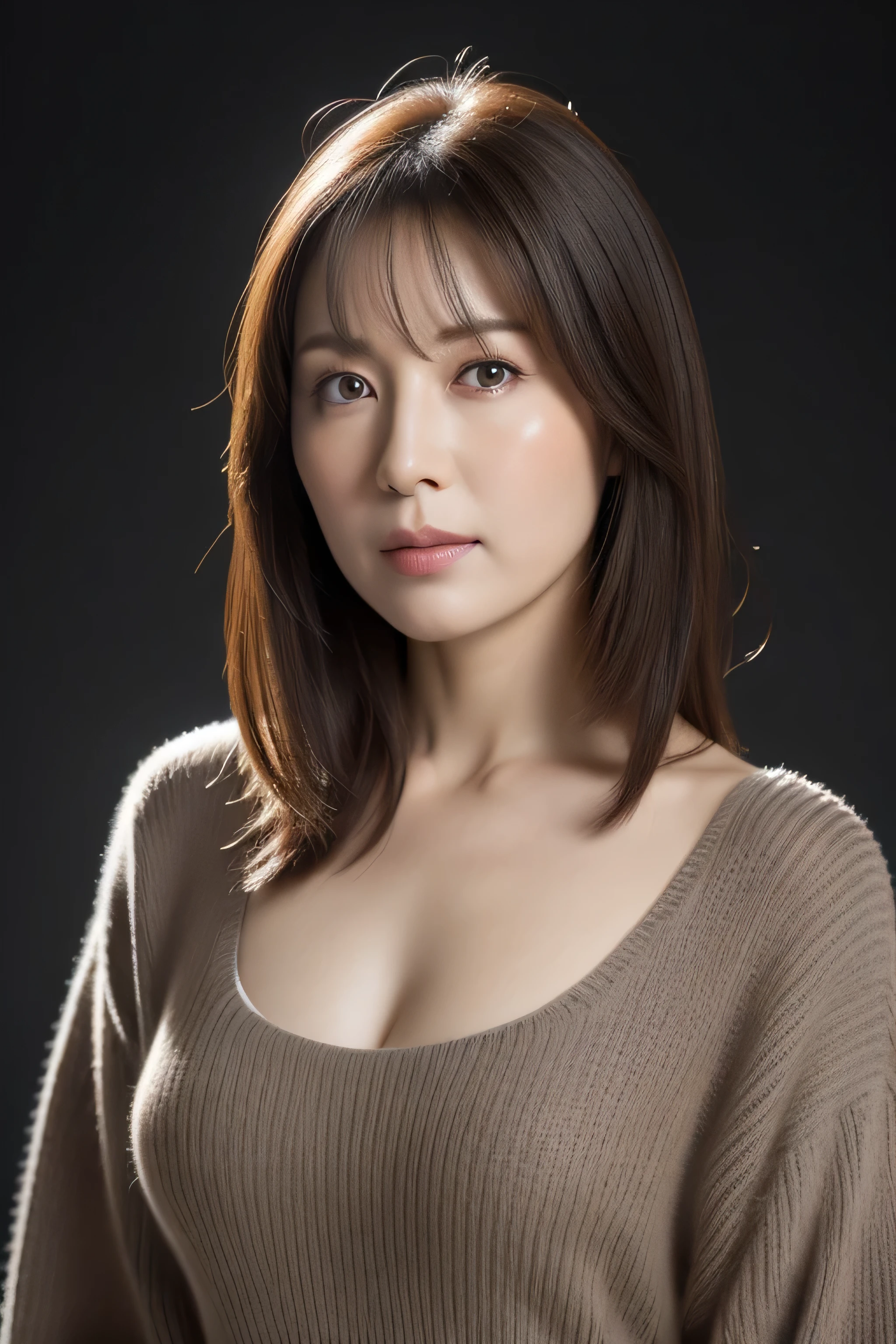 ultra high resolution, masterpiece, rough skin, very detailed, Photoreal, professional lighting, Depth of written boundary, sharp, (gray background), (Front view：1.2),(japanese mature, 38 year old woman is sexy:1.0), detailed face, beautiful eyes, bangs, good shape big breasts, light brown straight hair, faint lips, (Catch Eye:1.3),((stand in front、look at the audience, serious face eyes,)), sweater, theta, full body photo, cowboy shot,