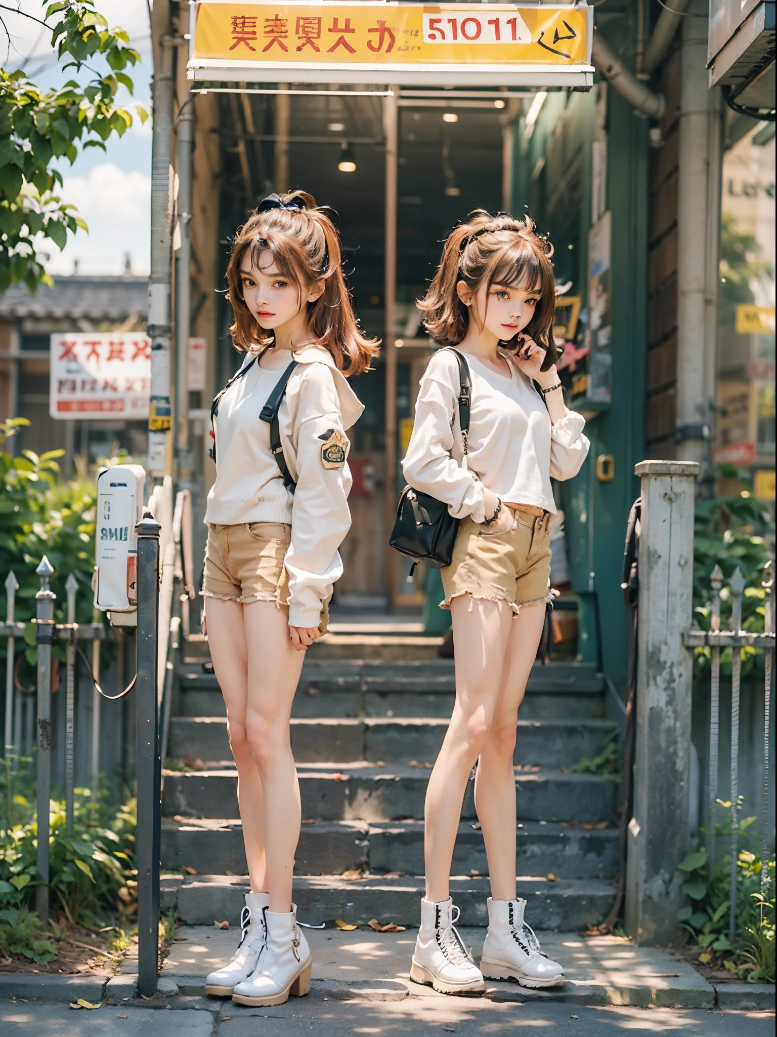((Small underhoulder length straight short hair: 1.2), （Extremely meticulous CG 8k wallpaper），（Extremely refined and beautiful），（Masterpiece）,((sharp_focus)),（best qualtiy：1.0），（Ultra High Resolution：1.0），beautiful light up，Perfect lightning，realistic shaded，[A high resolution]，Smooth and flawless fair skin，Extremely exquisite facial details，（perfect body：1.1），ultra - detailed，A beautiful girl，small head，slim，thin，Bandeau，（Light blue denim short skirt:1.1）,camel toe,(Black military boots:1.1)，early autumn，Standing at the school gate，Surrounded by a crowded crowd, (Emma_watson), full_body, 19 years old, tall, (smooth_abs:1.55), pretty, (long_skinny_legs), (skinny_waist), (((fair skin))), white skin, yellow/pink shorts, chestnut brown hair, looking at viewer, glasses, white knit hat, (sharp_focus:1.5)