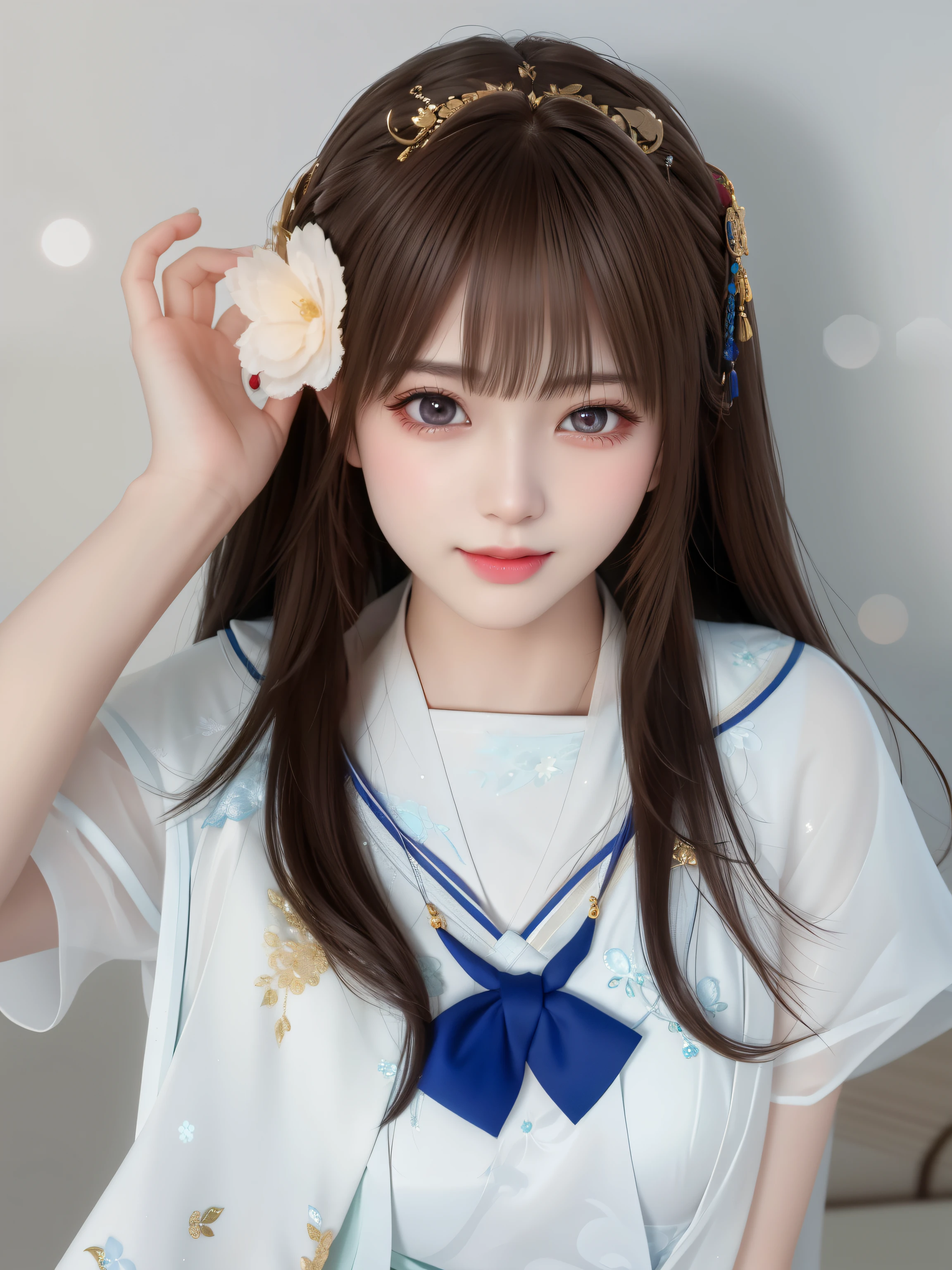 best quality, masterpiece, highres, 1girl,blush,(seductive smile:0.8),star-shaped pupils,sexy china hanfu, princess, very luxury, hair ornament,necklace, jewelry,Beautiful face,upon_body, tyndall effect,photorealistic, dark studio, rim lighting, two tone lighting,(high detailed skin:1.2), 8k uhd, dslr, soft lighting, high quality, volumetric lighting, candid, Photograph, high resolution, 4k, 8k, Bokeh