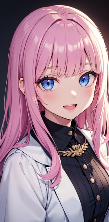 Realistic、1girl、fluorescence　pink hair、blue eyes、(eye focus:1.3,face focus:1.3,upper body:1.5),(gradient eyes:1.3),(blouse)、open mouth,(light smile:1.3),blunt bangs、cute face,portrait,
