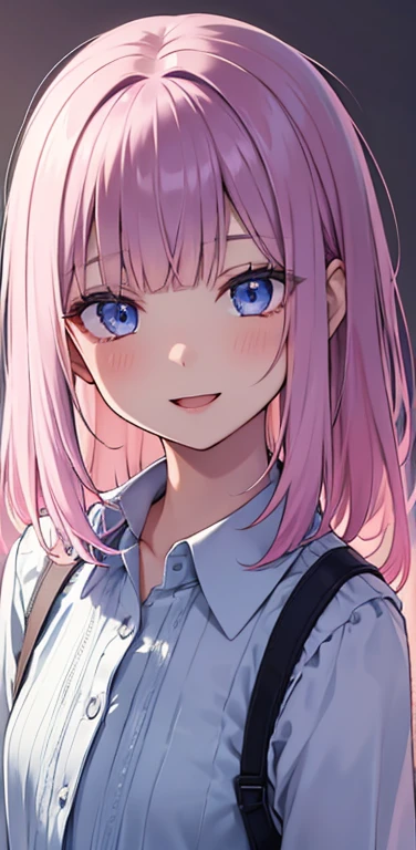 Realistic、1girl、fluorescence　pink hair、blue eyes、(eye focus:1.3,face focus:1.3,upper body:1.5),(gradient eyes:1.3),(blouse)、open mouth,(light smile:1.3),blunt bangs、cute face,portrait,