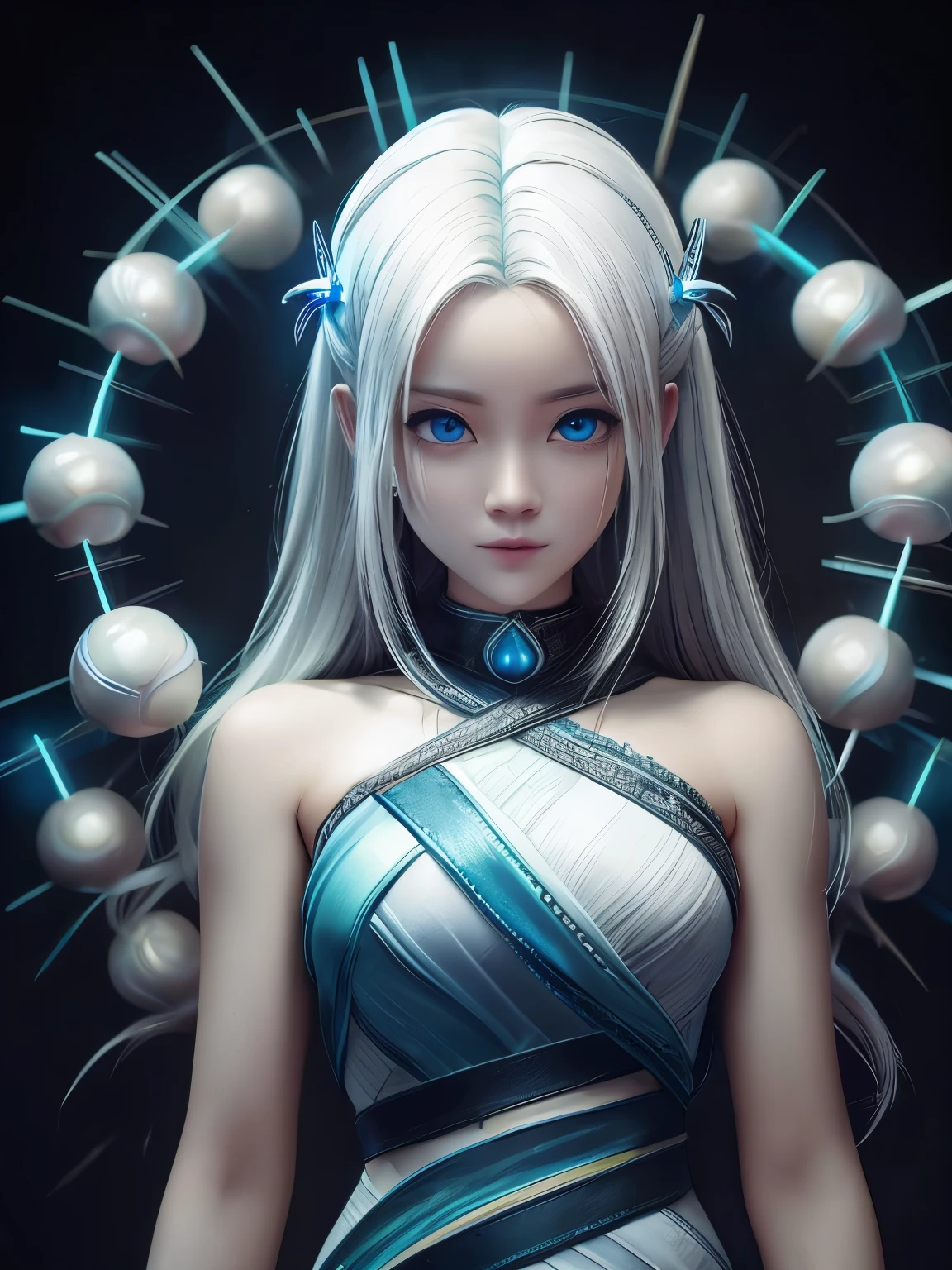 ((upper body)), best quality, masterpiece, a Japanese woman with ((Luminescence white hair)), ((detailed pearl blue eye)), high detailed goddess soul, focus on character, solo, (style swirl magic), solo, from front, front view, looking at viewer, detailed face, ((Luminescence Lighting Magic Circle theme)), perched on a ledge, tight neon body, light streaks, dark abyssal wanderer abstract, ((Simple Luminescence Neon Gown)), inscribed with mystical runes, outdoor dystopian background,