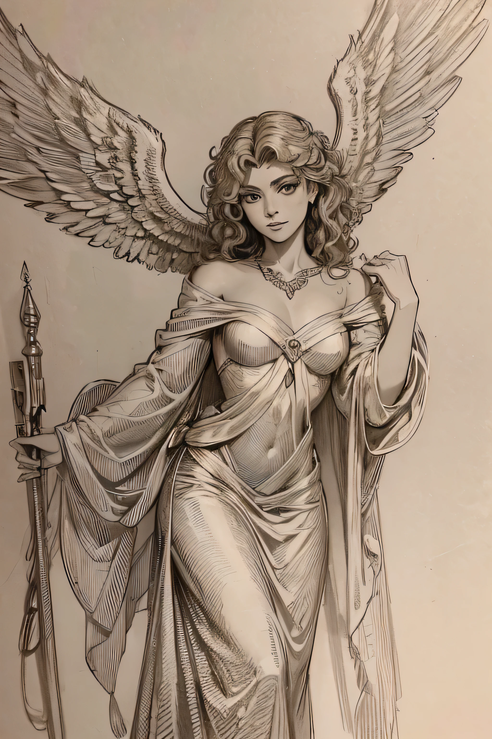 Pencil draw in style by engraving an archangel man from the waist up with his face turned to the side , Cabelo encaracolado