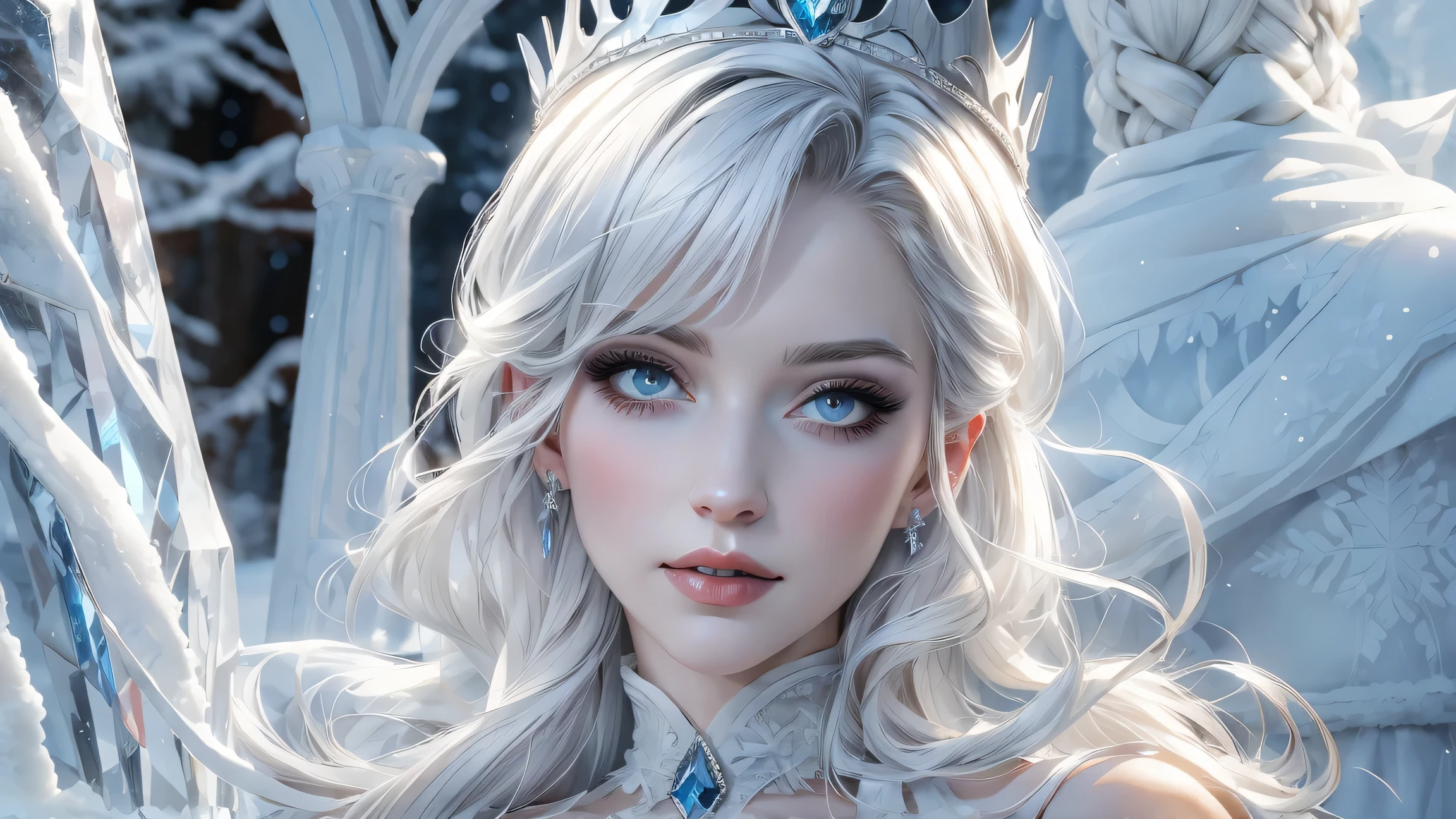 (best quality,ultra-detailed),portraits,white dresses,beautiful detailed eyes,beautiful detailed lips,extremely detailed eyes and face,long eyelashes,frozen crown,ice sculpture,sparkling snow,crystal-like skin,queen-like appearance,strong and confident pose,mysterious atmosphere,cold and icy color tones,soft natural lighting, captured in a winter wonderland. a girl, on the frozen throne, white dresses, frozen crown,